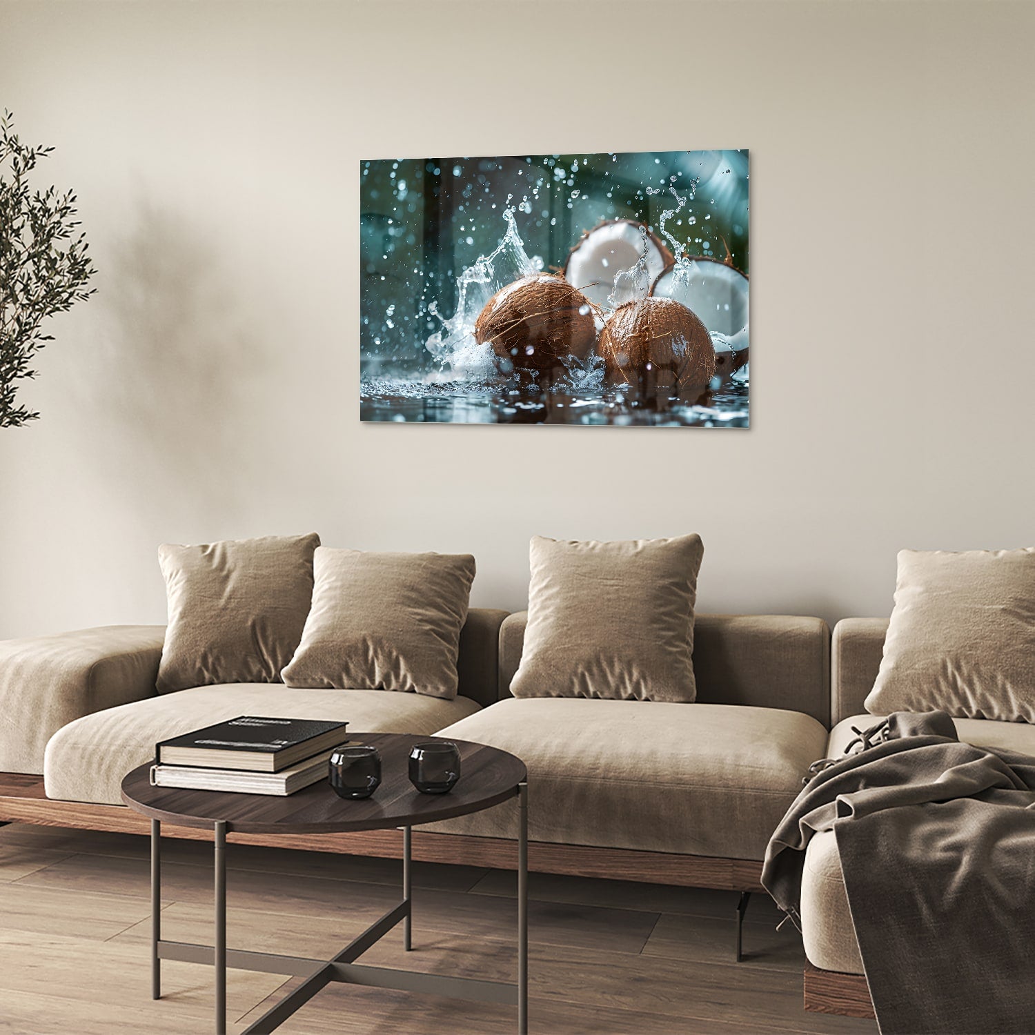Glas schilderij van kokosnoten met spetters water, perfect voor wanddecoratie.