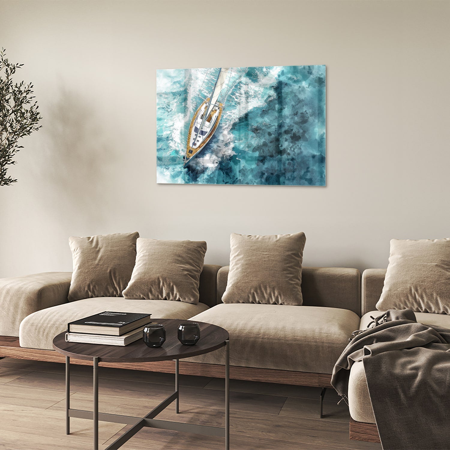 Glazen schilderij van een jacht die over een turquoise zee vaart.