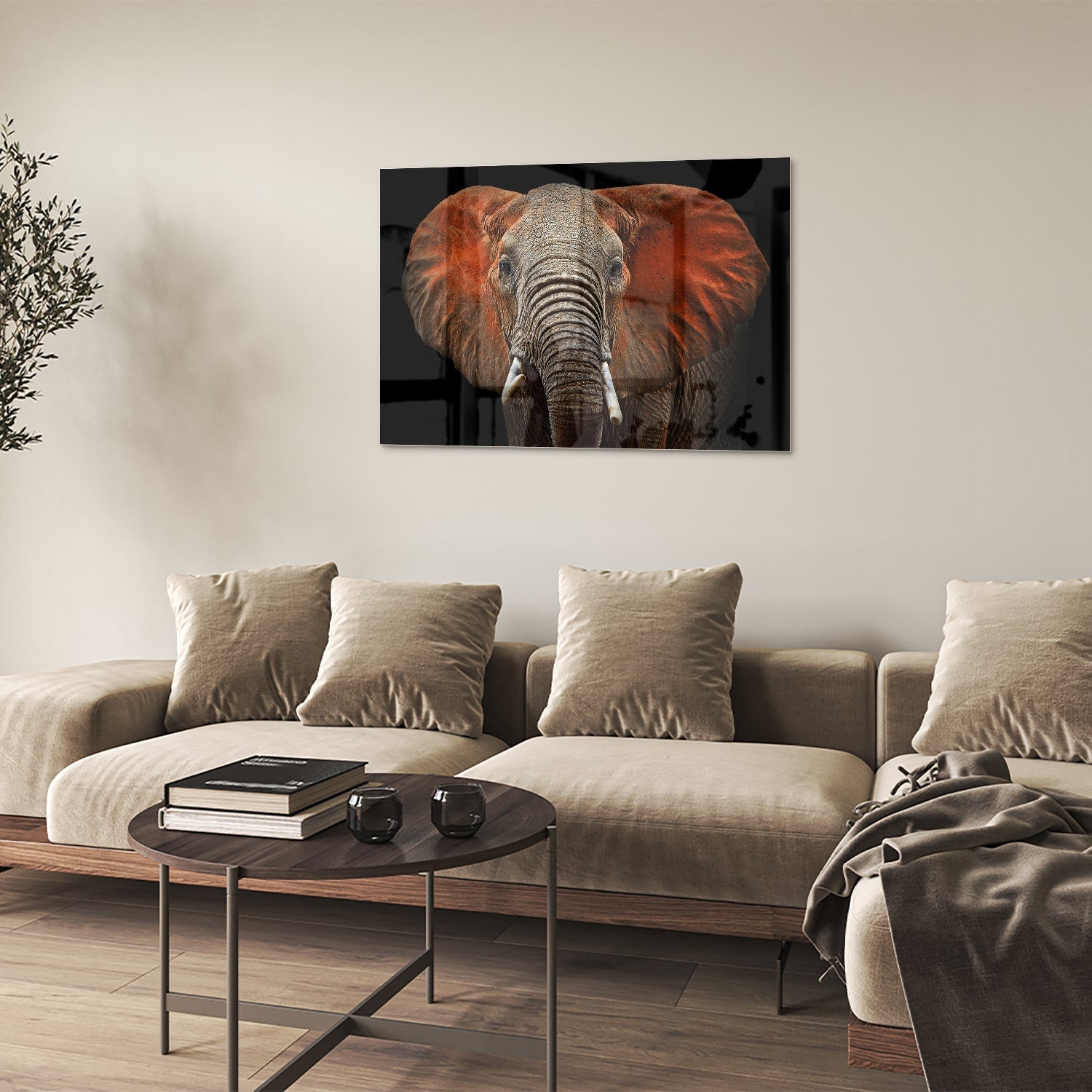 Glazen schilderij van een olifant met kleurrijke oren, prachtig voor aan de muur.
