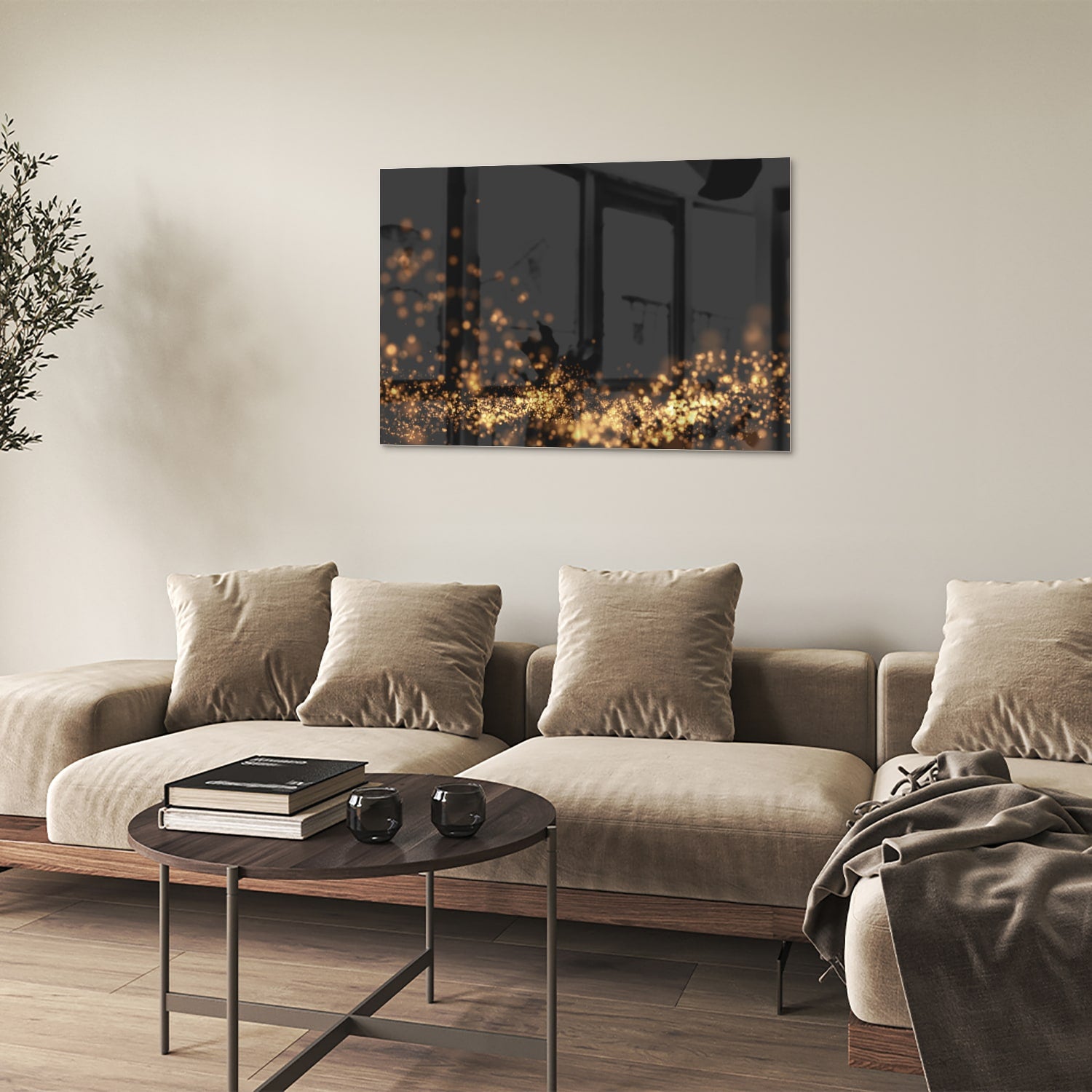 Glazen schilderij met gouden lichtpuntjes op een zwart vlak, ideaal voor moderne interieurs.