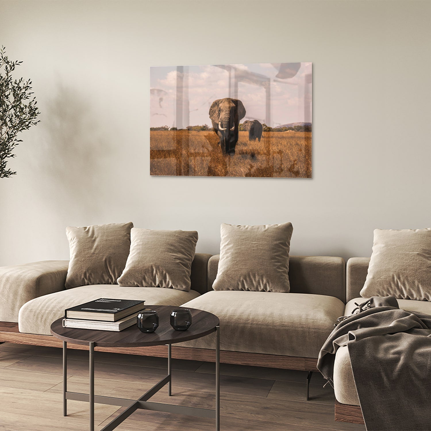 Glazen schilderij van twee olifanten in een gouden graslandschap
