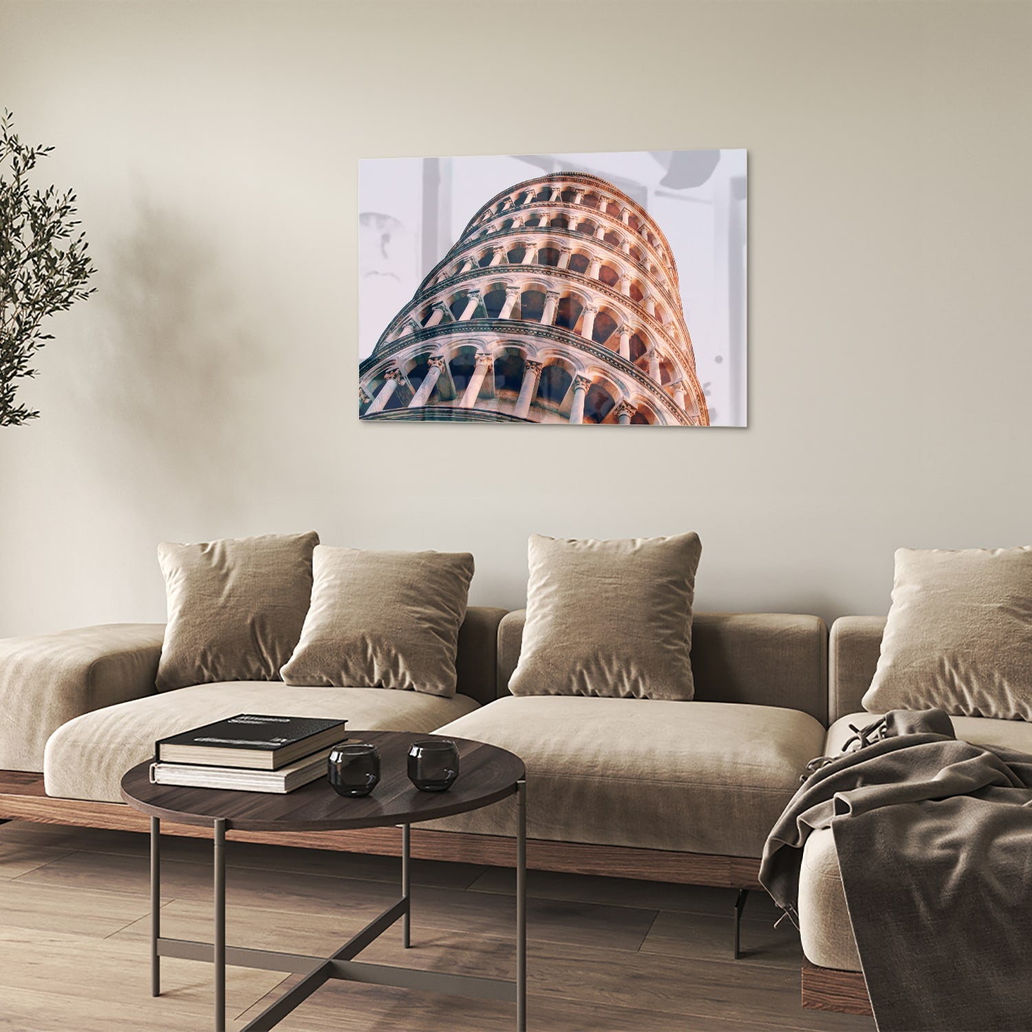 Glazen schilderij van de Scheve Toren van Pisa in warm tinten