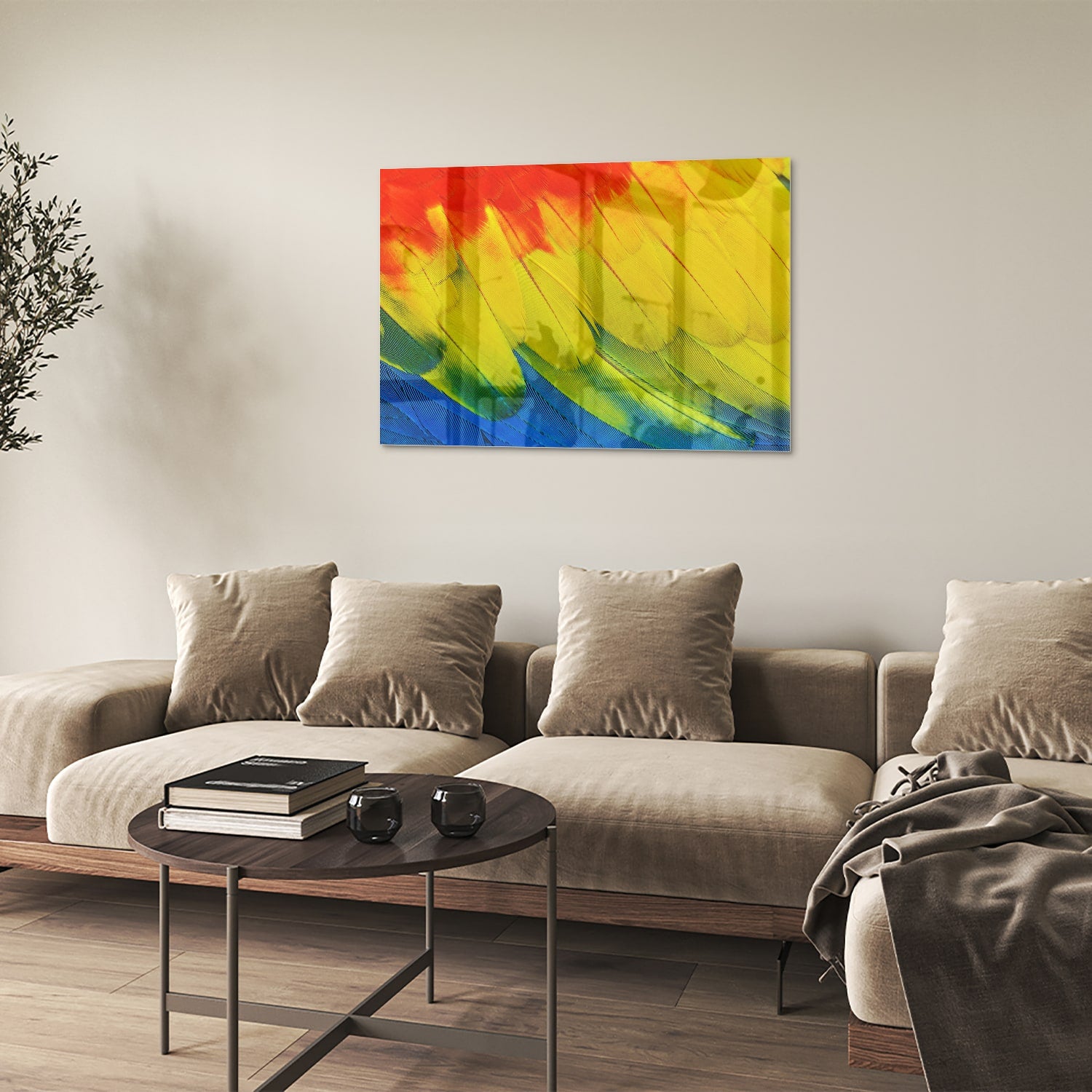 Abstract glazen schilderij met kleurrijke golven in rood, geel en blauw