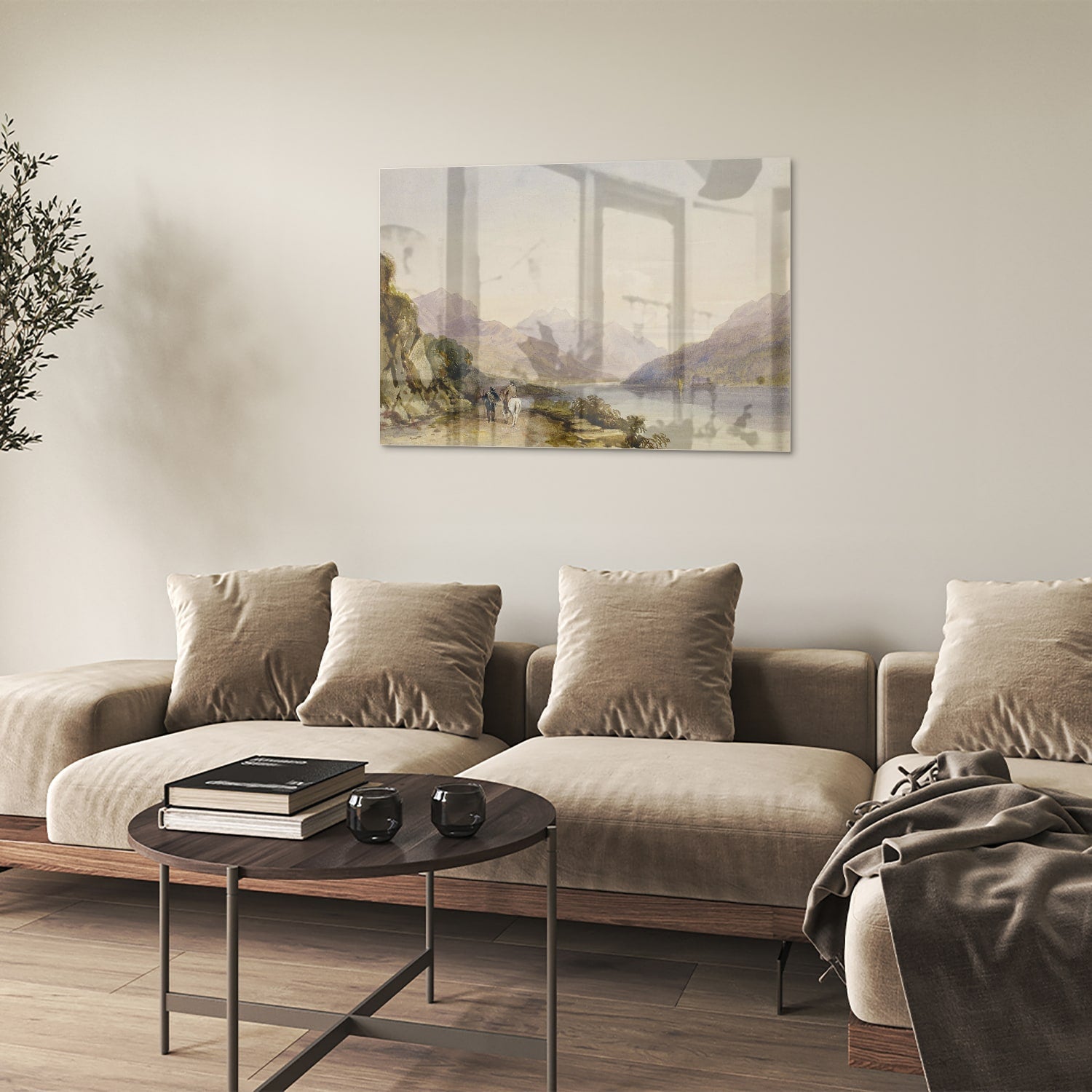 Glazen schilderij van een serene natuurlijke landschaapscne met bergen en water.