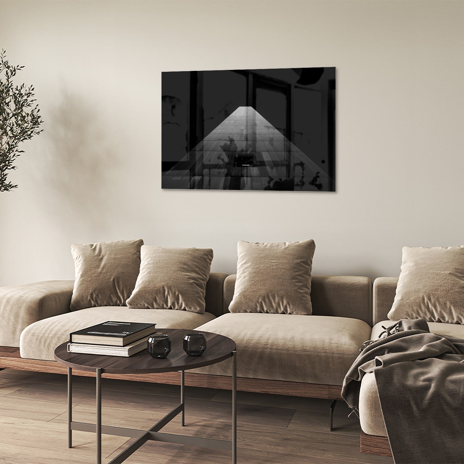 Minimalistisch glazen schilderij met lichtinval op houten vloer