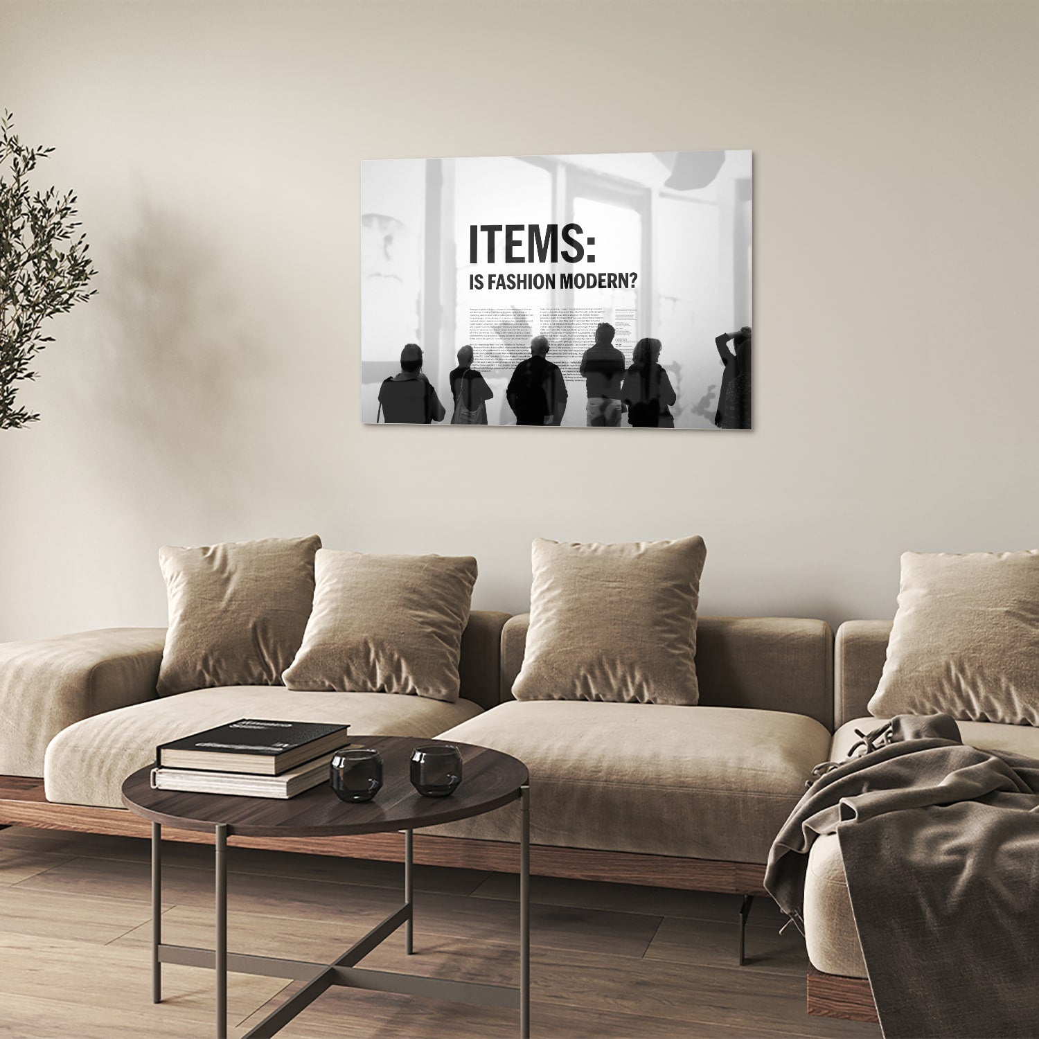 Glazen schilderij met de tekst 'ITEMS: IS FASHION MODERN?', stijlvol gepresenteerd boven een houten meubel.