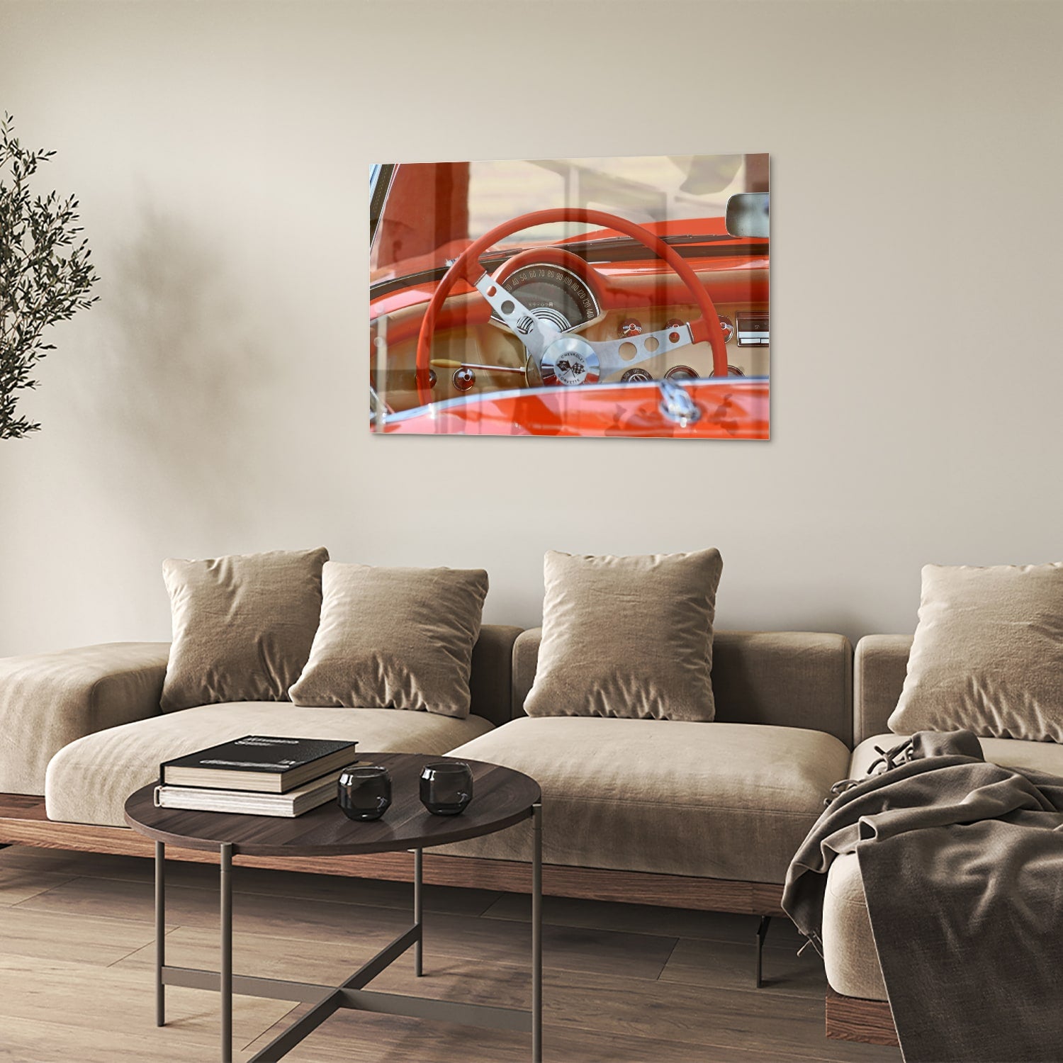 Glazen schilderij van een retro auto interieur met een rood stuur