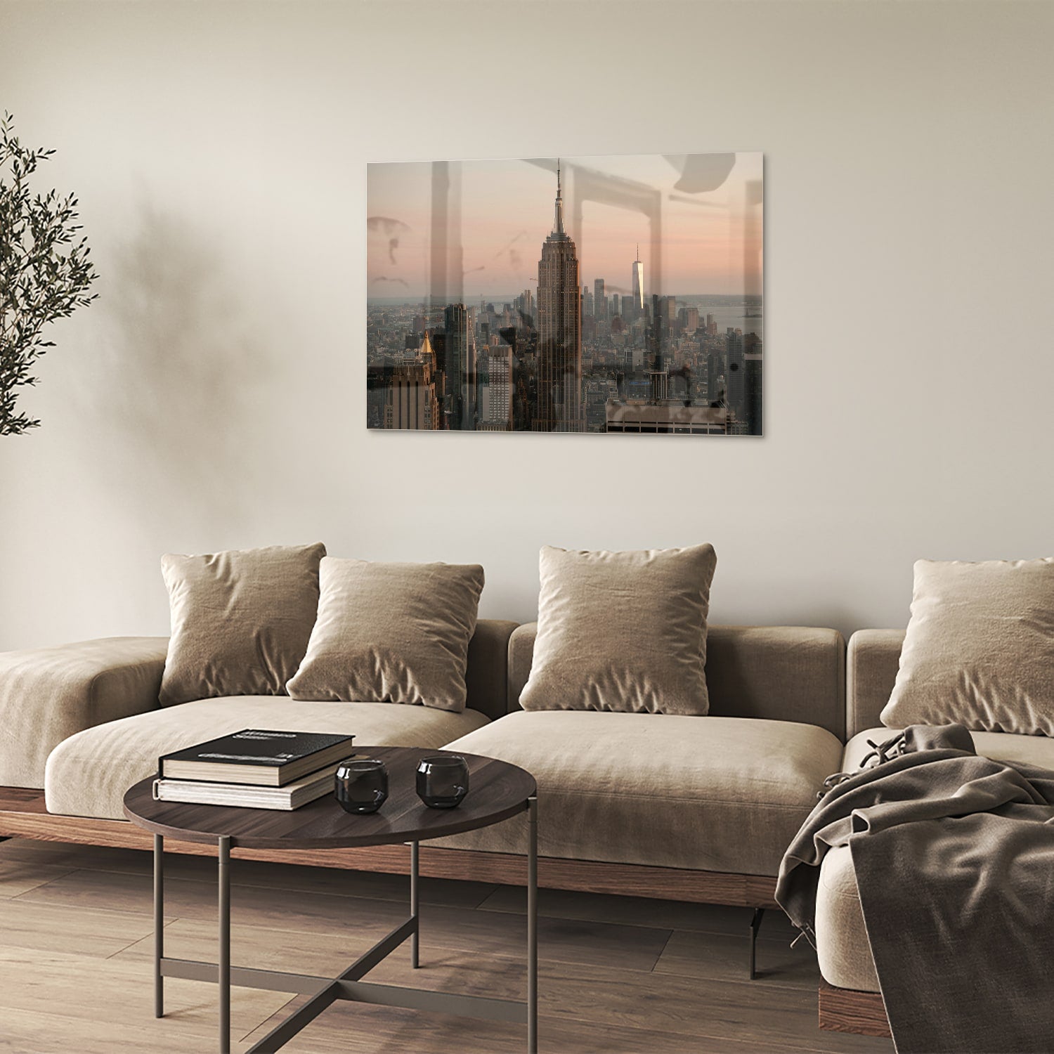 Glazen schilderij van de Empire State Building met een mooie zonsondergang