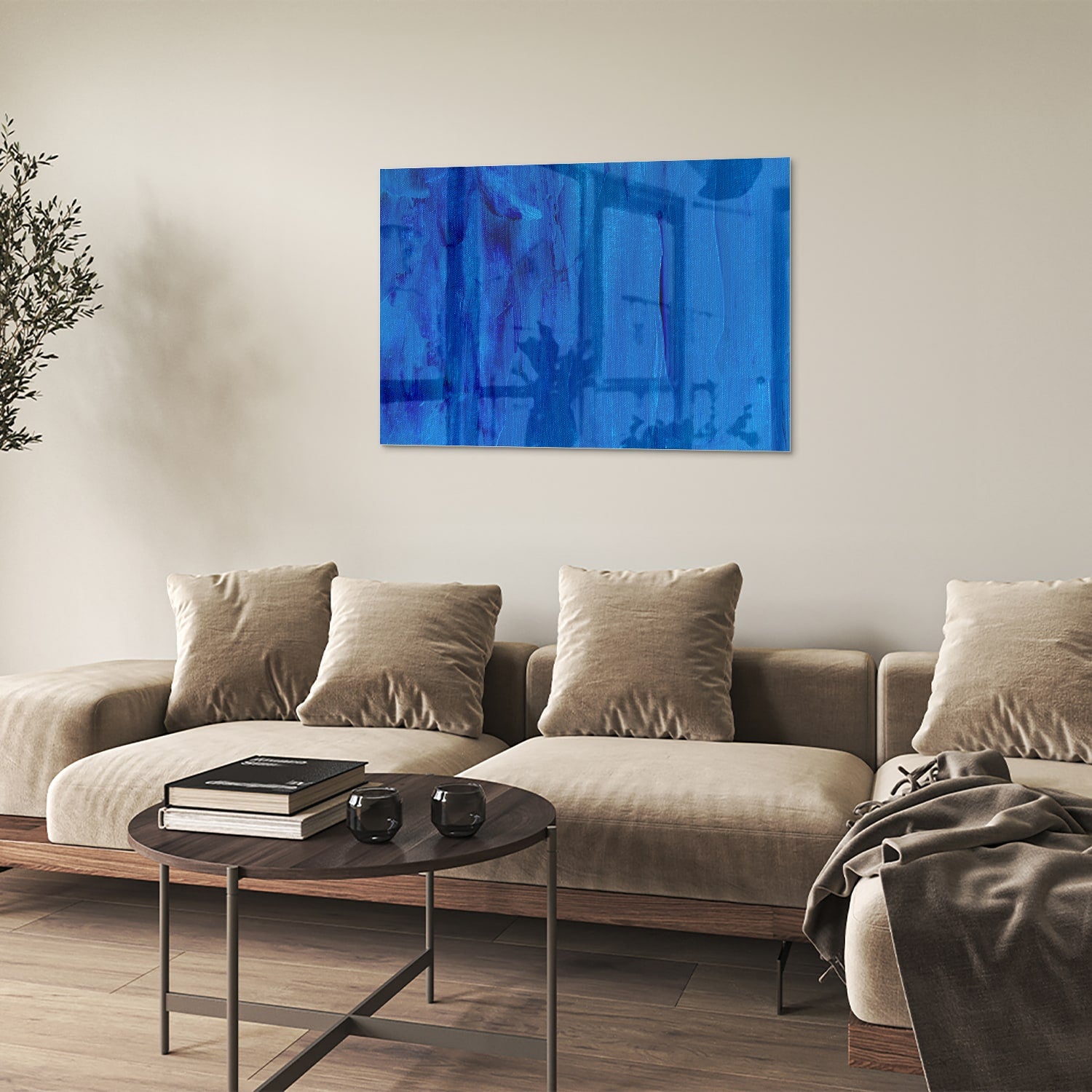 Abstract glazen schilderij in blauw, perfect voor moderne inrichting