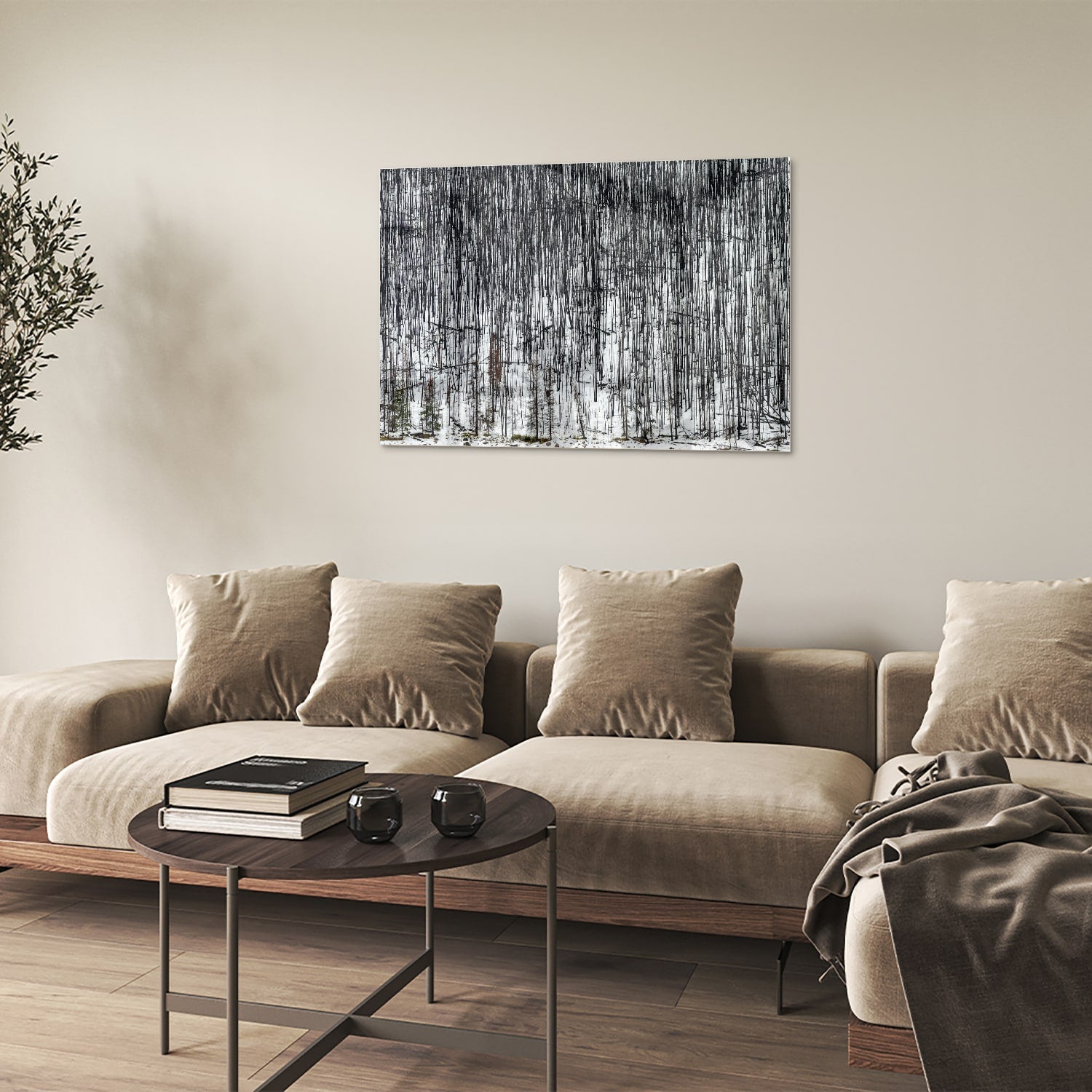 Minimalistisch glazen schilderij met een boslandschap, perfect voor moderne interieurs.