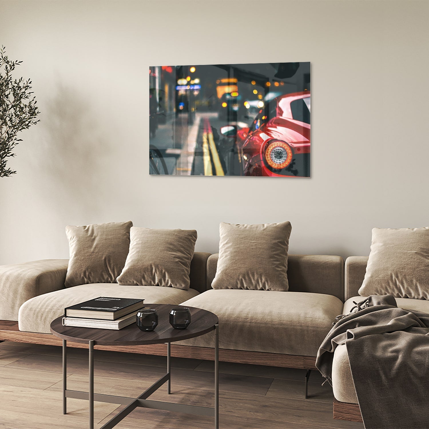 Glazen schilderij van een rode auto in een stedelijke omgeving