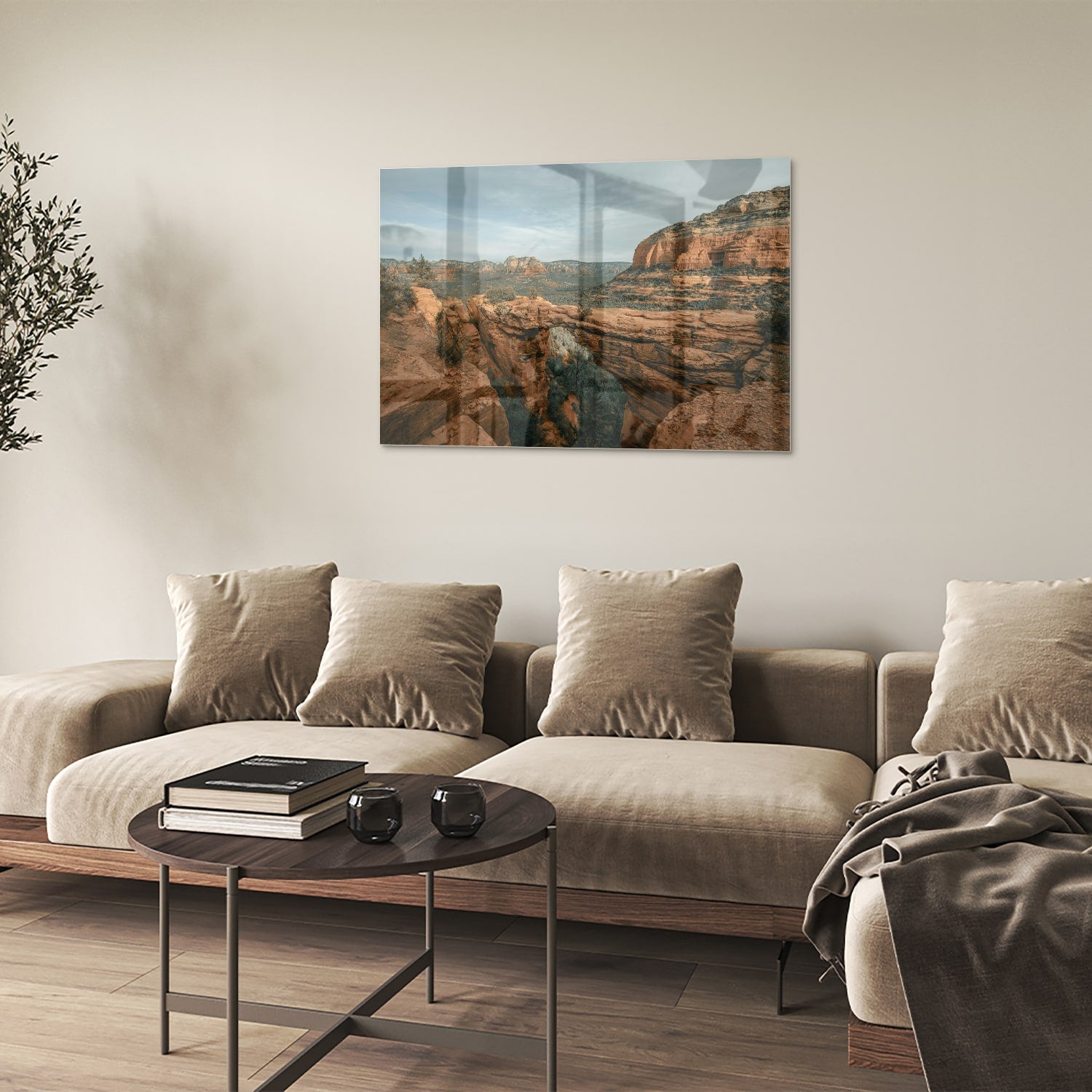 Glazen schilderij van berglandschap in warme aardetinten