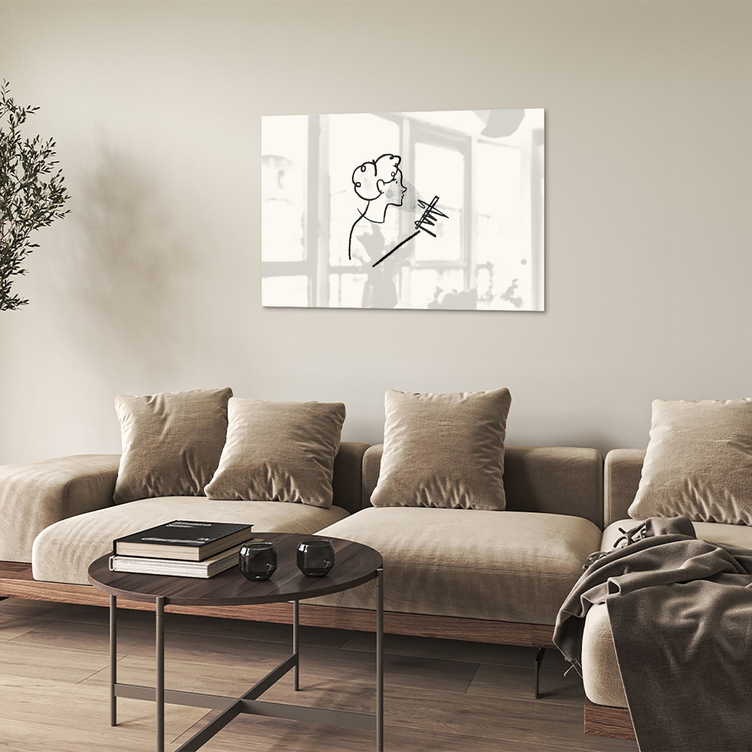 Minimalistisch glazen schilderij met abstracte lijntekening van een figuur.