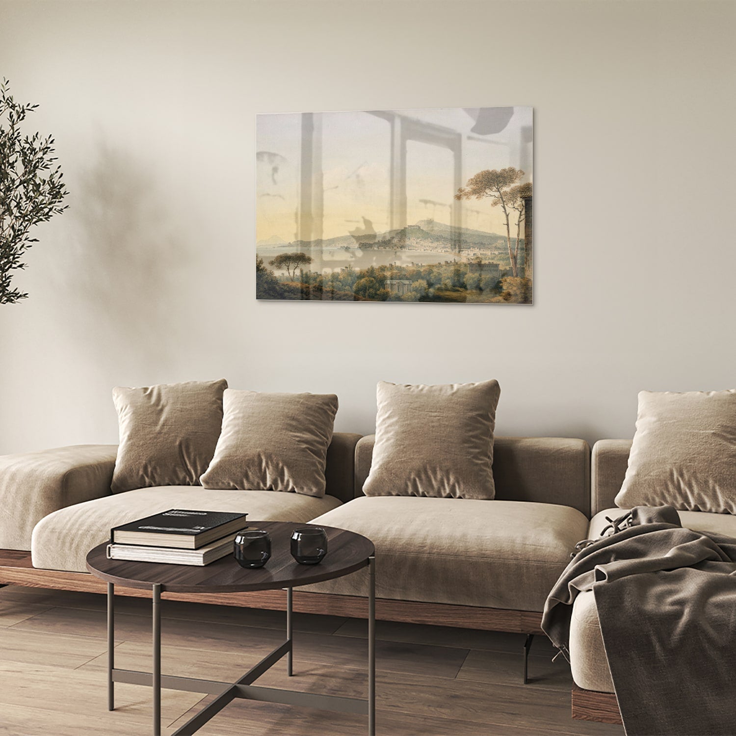 Glazenschilderij van een rustiek landschap met bergen en zonsopgang.