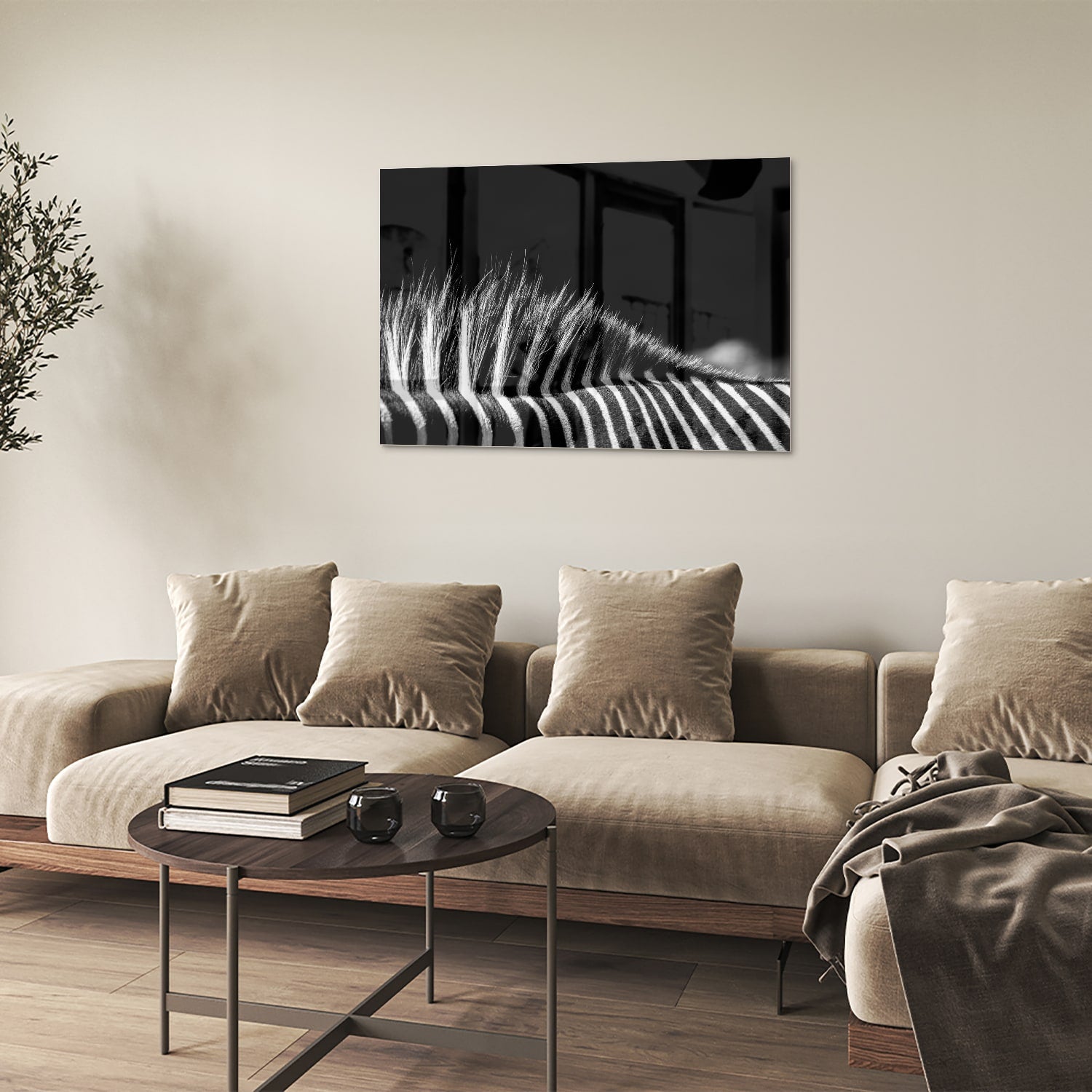 Een modern zwart-wit glazen schilderij met naadloze lijnen aan de muur.