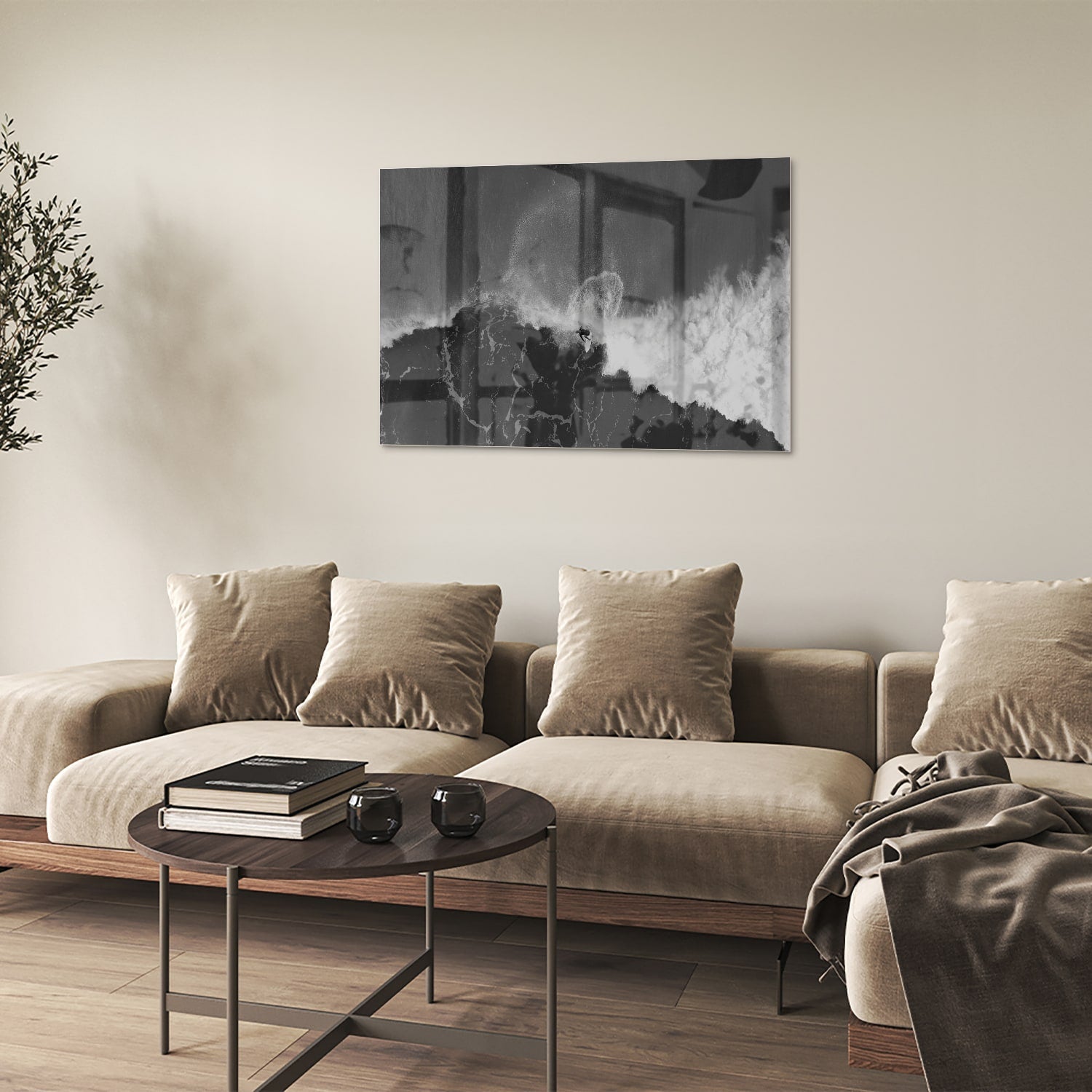 Abstract glazen schilderij in zwart-wit, perfect voor moderne interieurs.