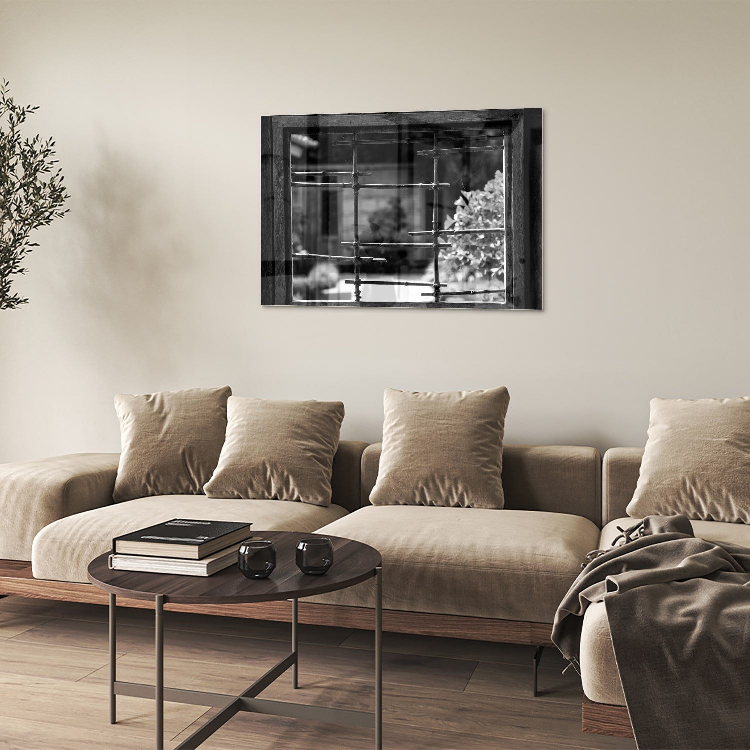 Glazen schilderij met chique raamuitzicht in een moderne woonkamer