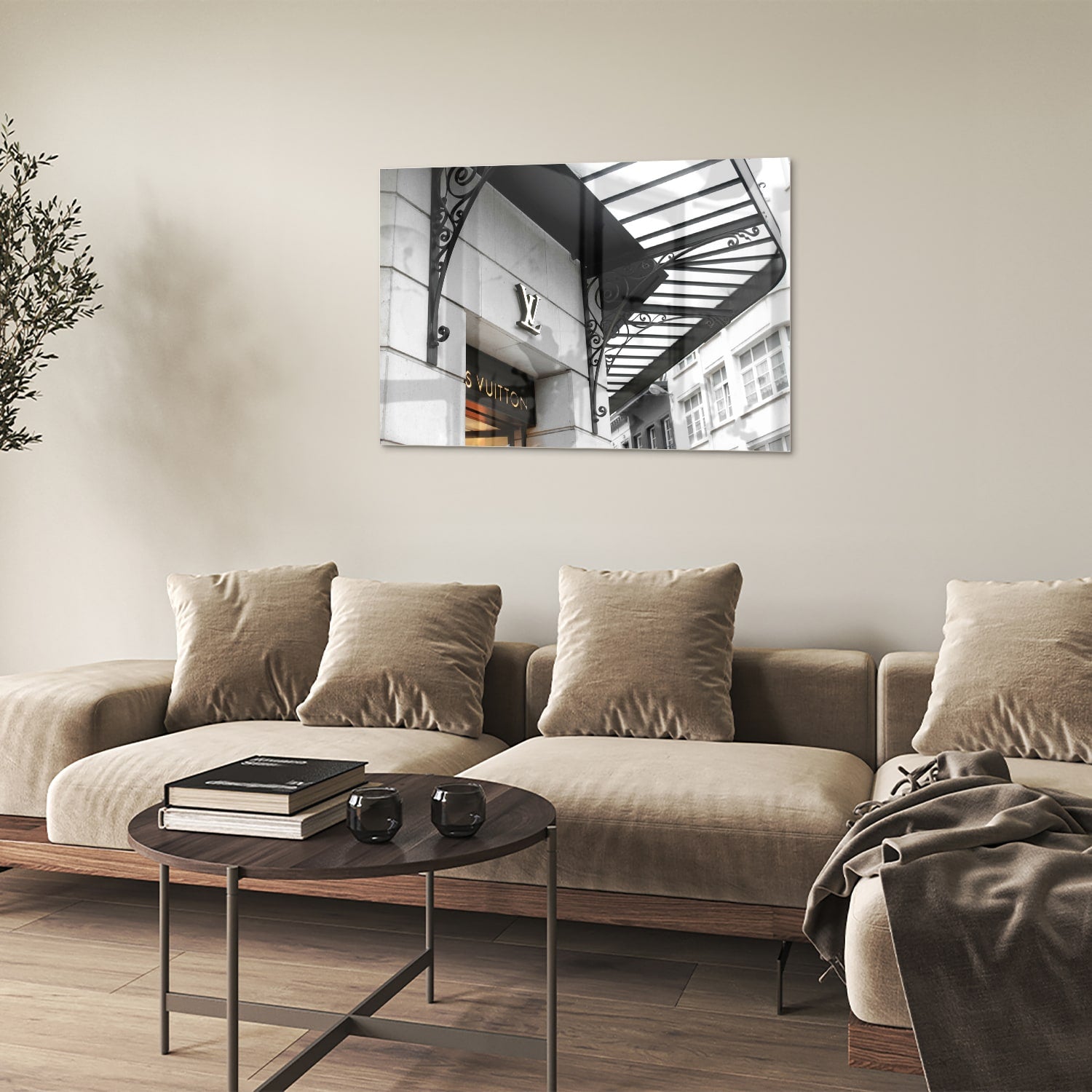 Glazen schilderij van luxe boetiek in zwart-wit, perfecte wanddecoratie.