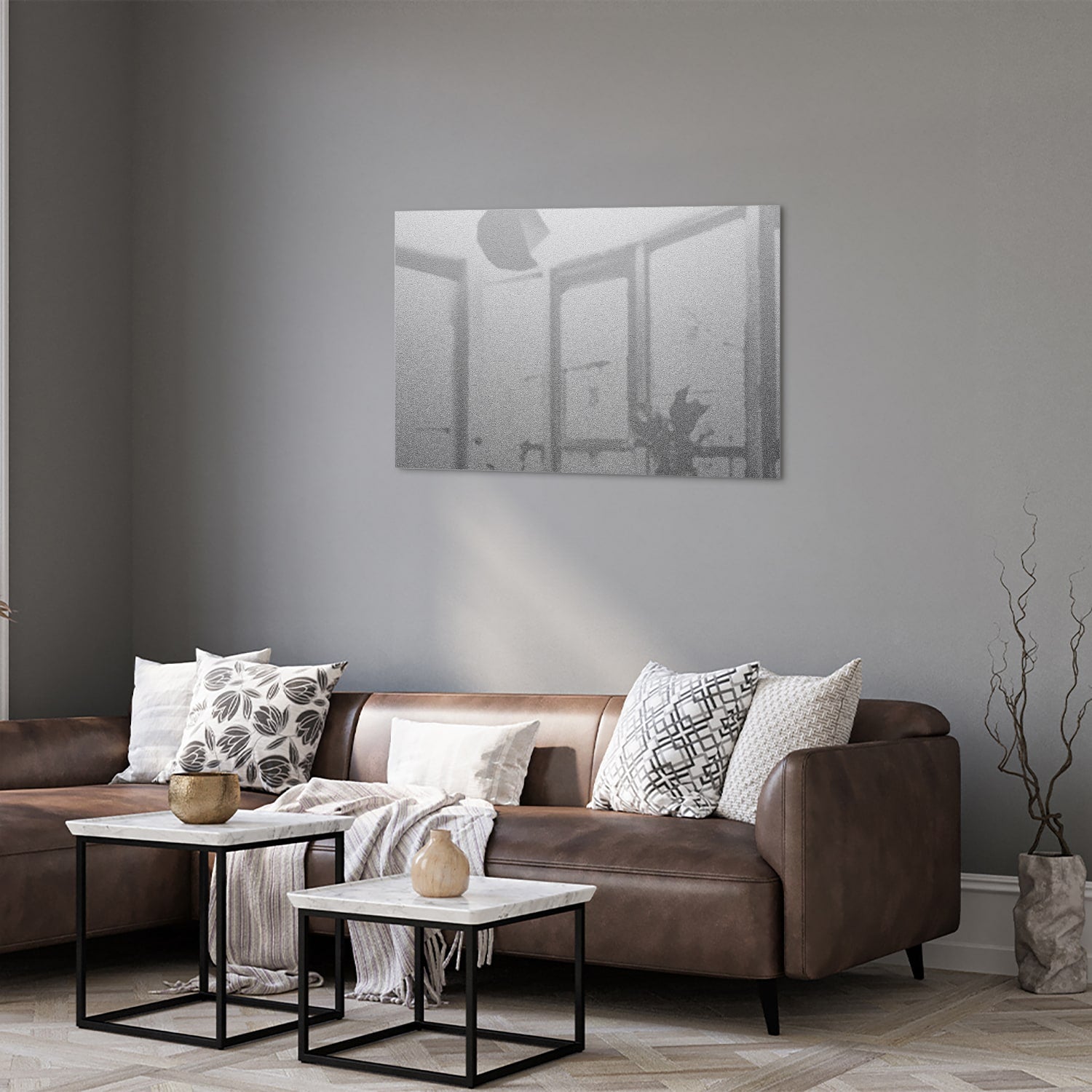 Minimalistisch glazen schilderij met reflecties, ideaal voor een modern interieur