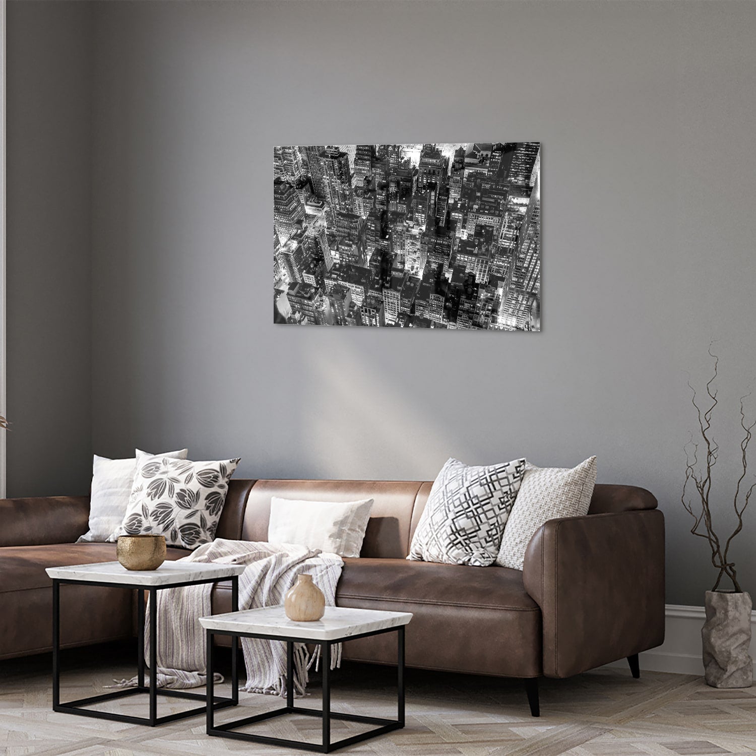 Zwart-wit glazen schilderij van een stad, prachtig decor voor modern interieur.