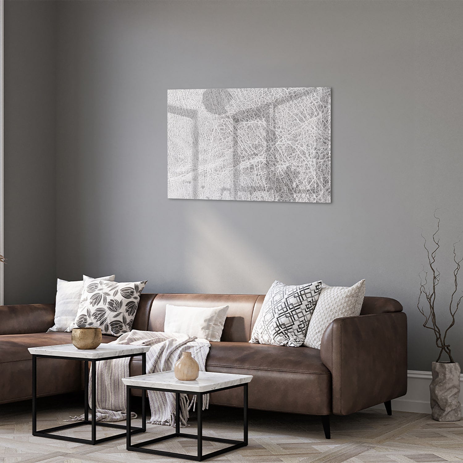 Een abstract glazen schilderij met lijnen, perfect voor moderne interieurs.