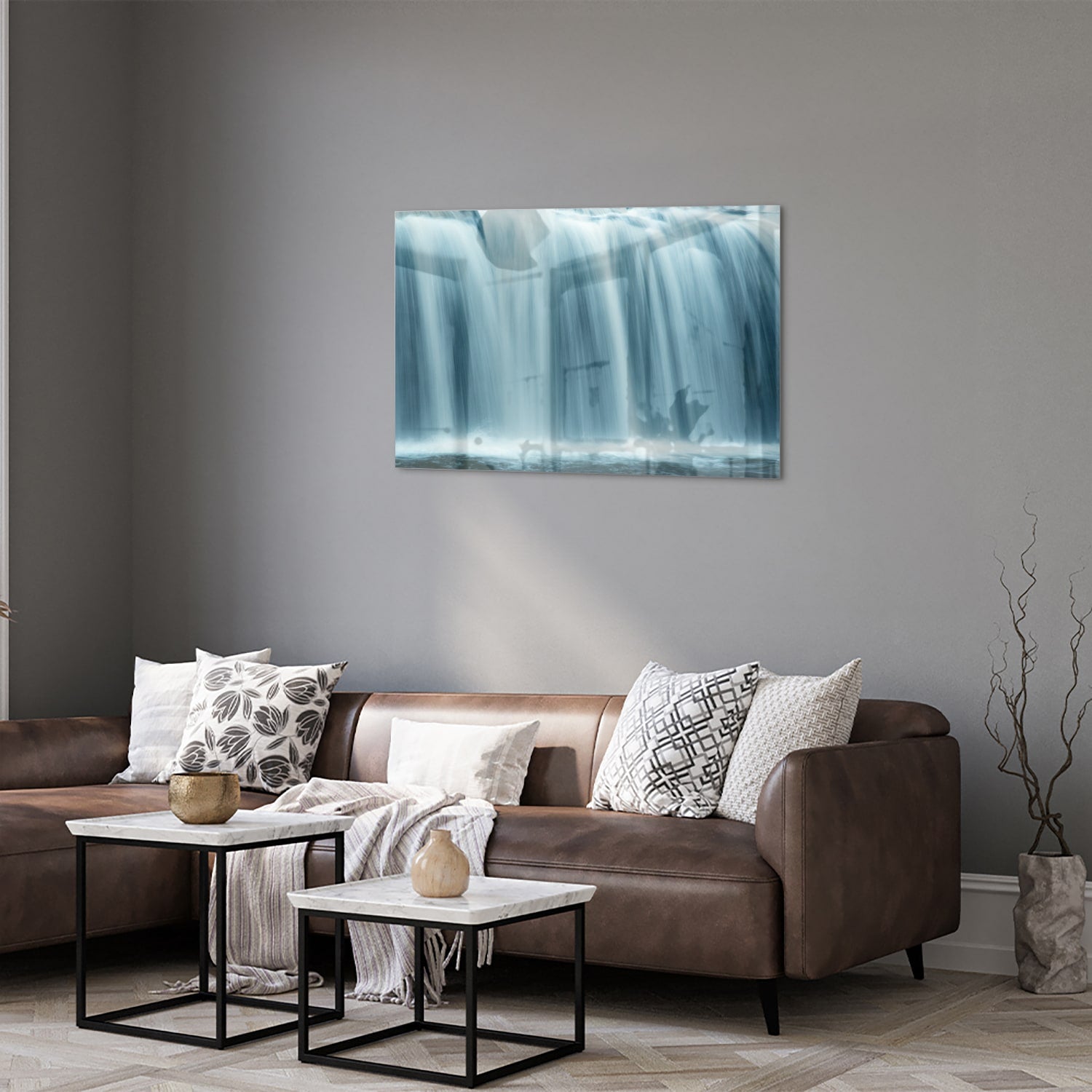 Glazen schilderij van watervallen in heldere blauwtinten, prachtig voor in huis.