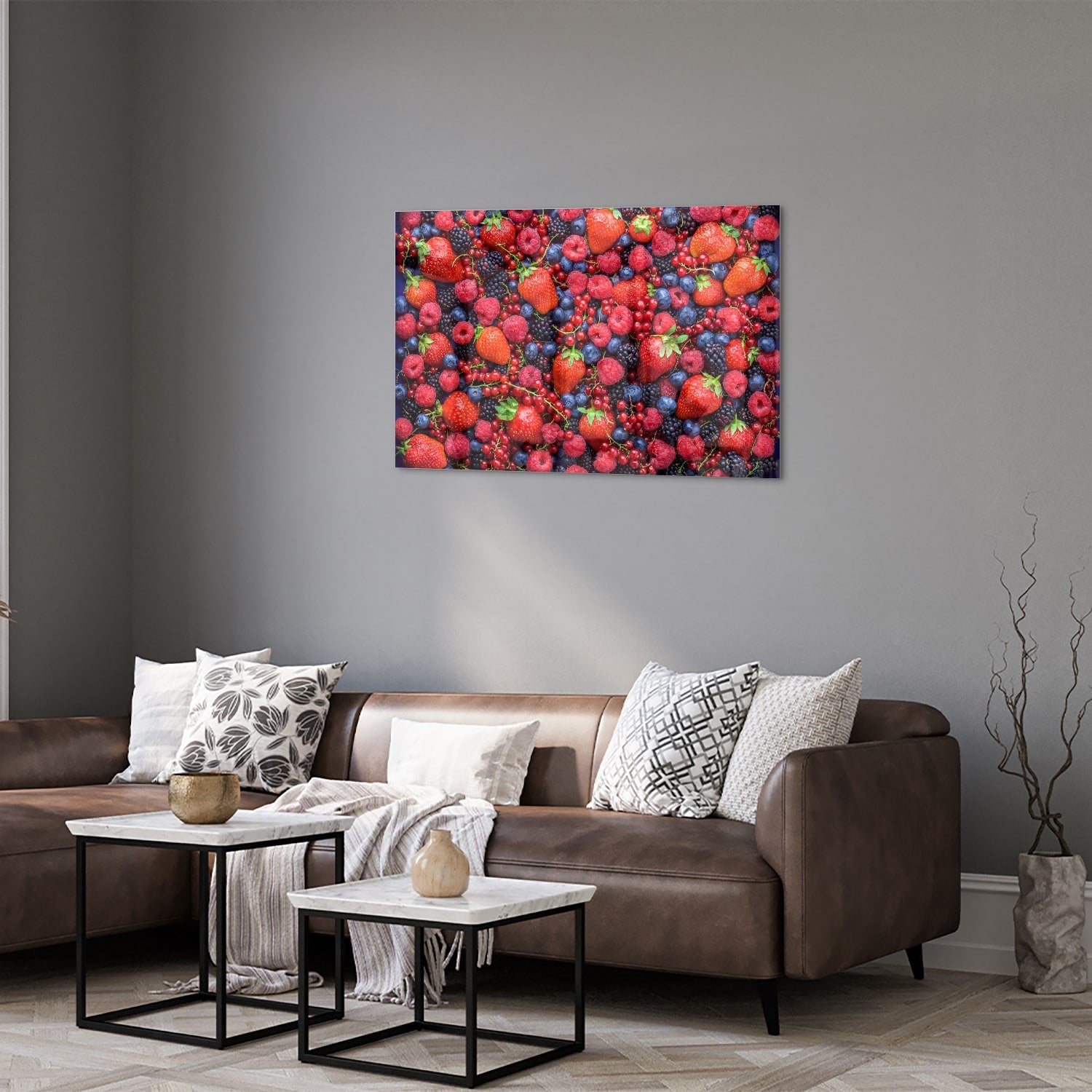 Glazen schilderij met een kleurrijke afbeelding van bessen en fruit