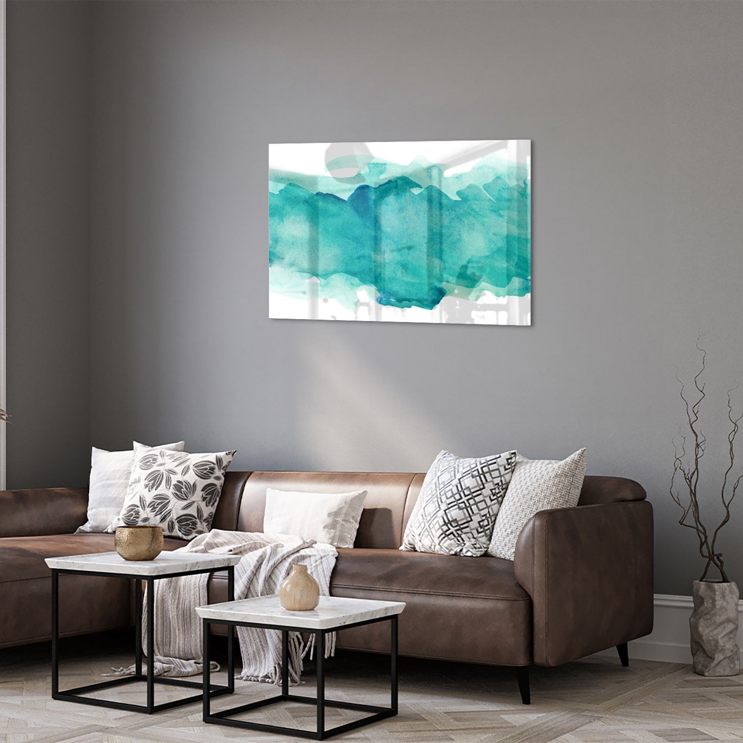 Abstract glazen schilderij met turquoise tinten, perfect voor moderne interieurs.