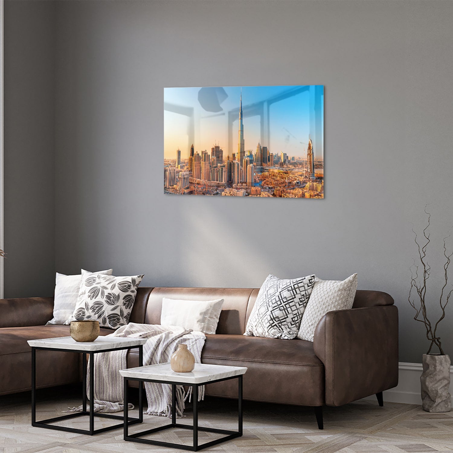 Glazen schilderij van de skyline van Dubai met Burj Khalifa tijdens zonsondergang