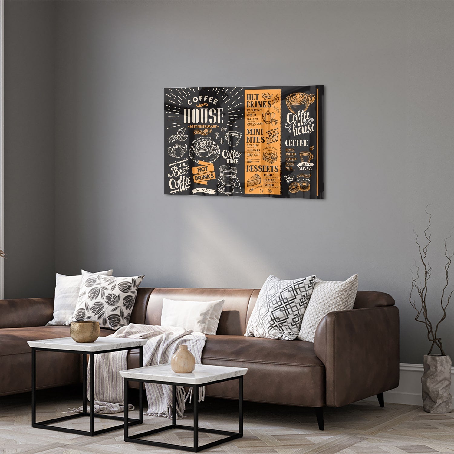 Glazen schilderij van een koffiehuis met tekst in zwart en oranje