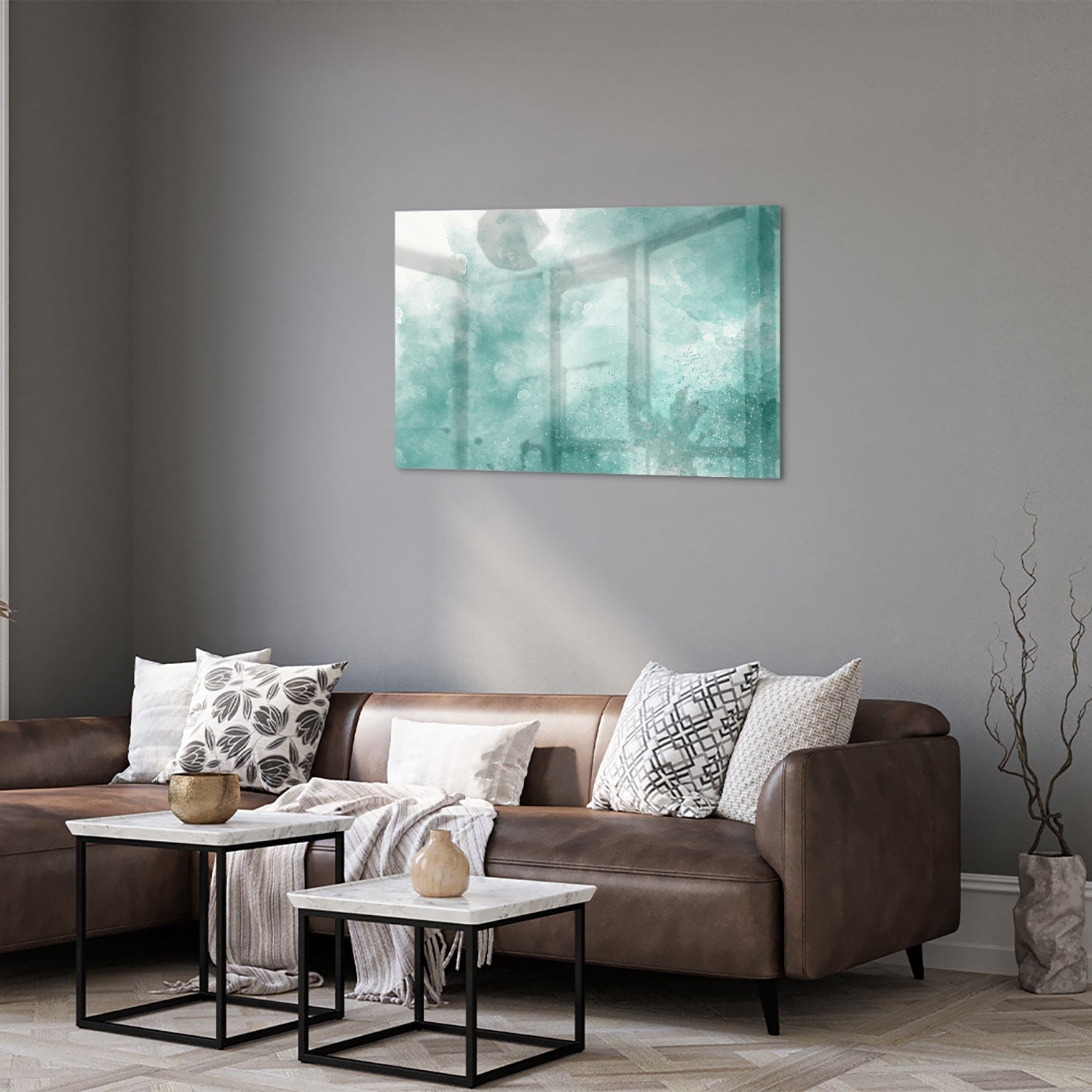 Abstract glazen schilderij in aquablauw kleur, past mooi in een modern interieur.