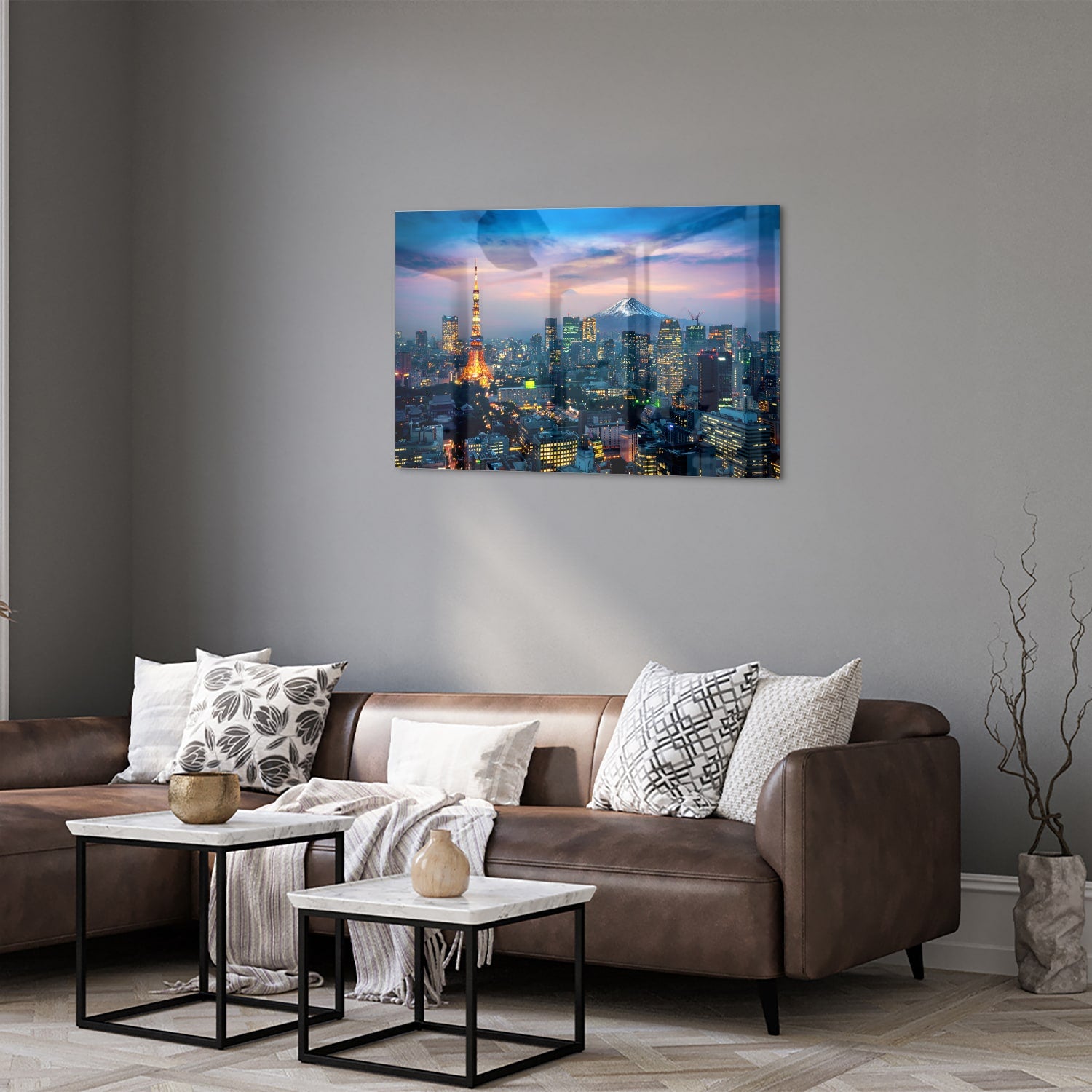 Glazen schilderij van Tokyo met de Tokyo Tower en Mount Fuji in de achtergrond