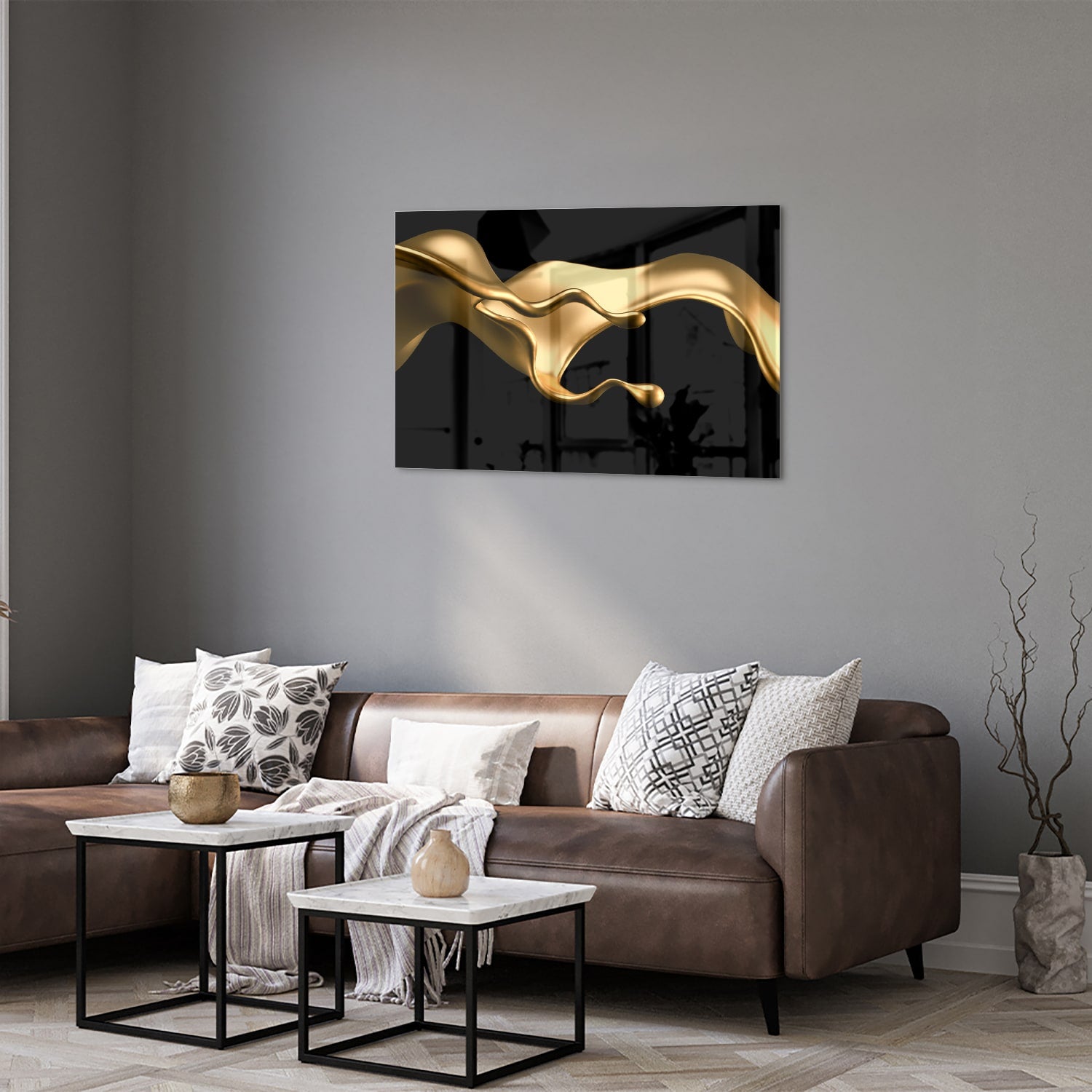 Gouden abstract glas schilderij met zwarte achtergrond, perfect voor moderne interieurs.