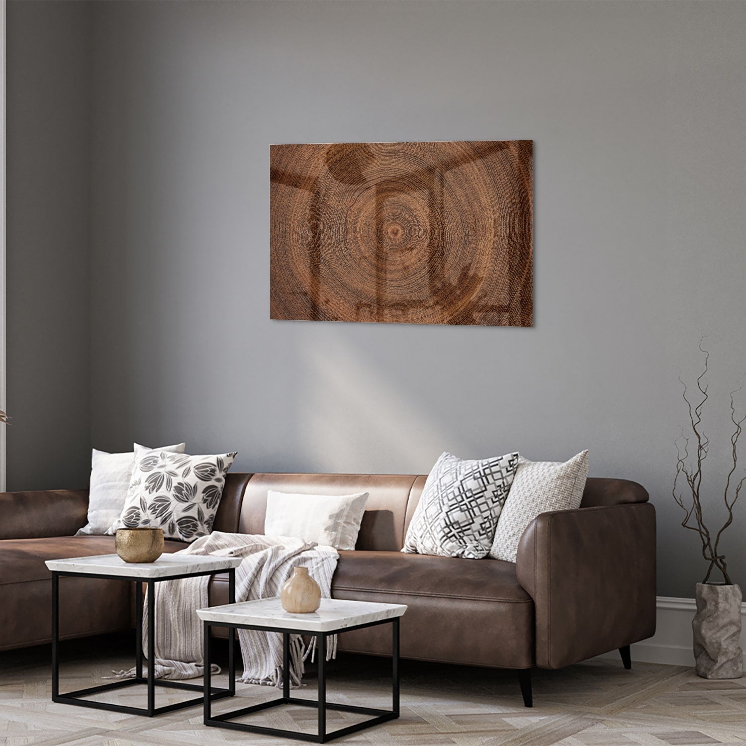 Glazen schilderij met een prachtige houtnerf, perfect voor wanddecoratie.