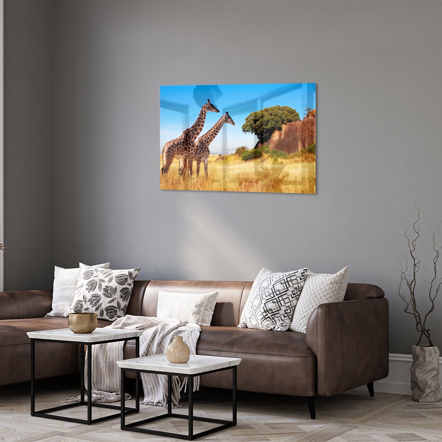 Glazen schilderij van twee giraffen in een Afrikaans landschap