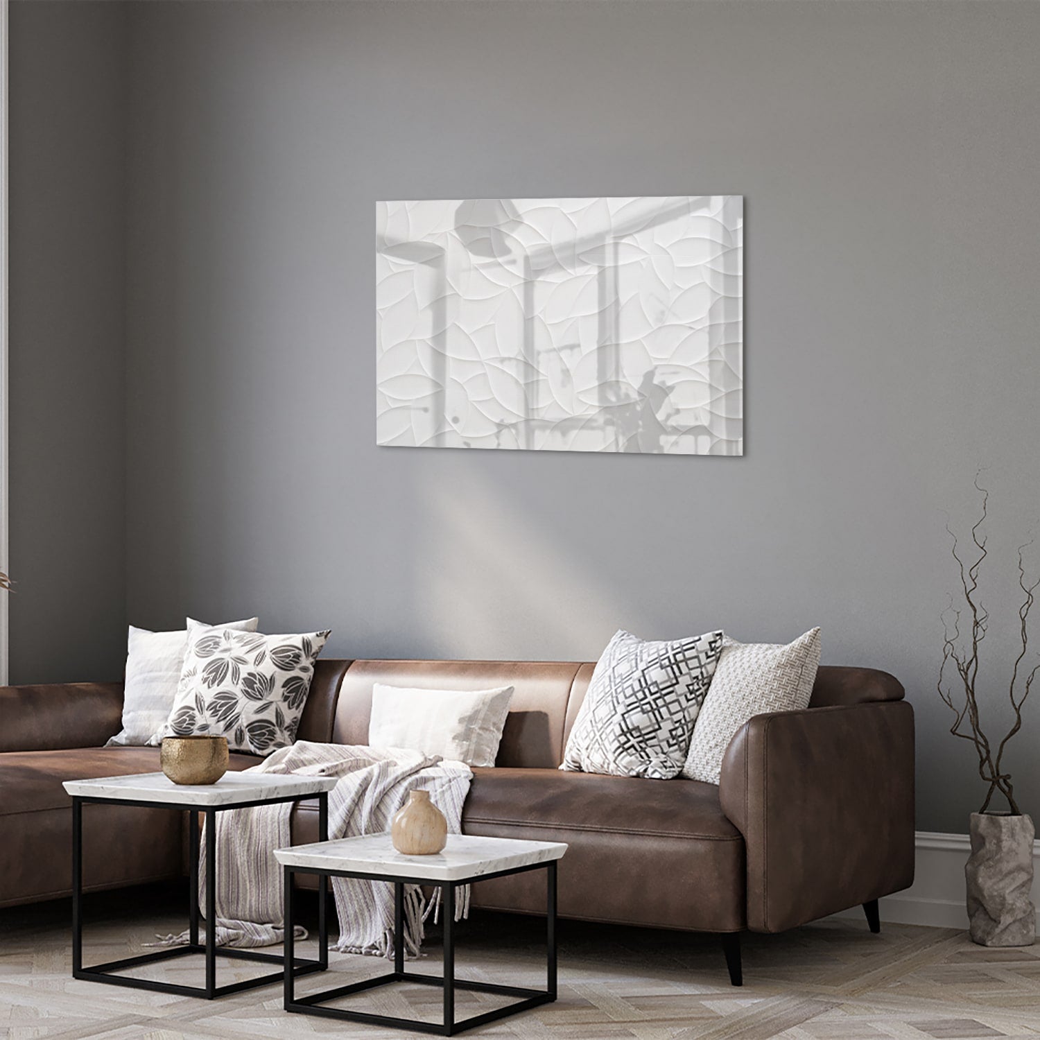 Glazen schilderij met textuur in wit, perfect voor moderne interieurs.