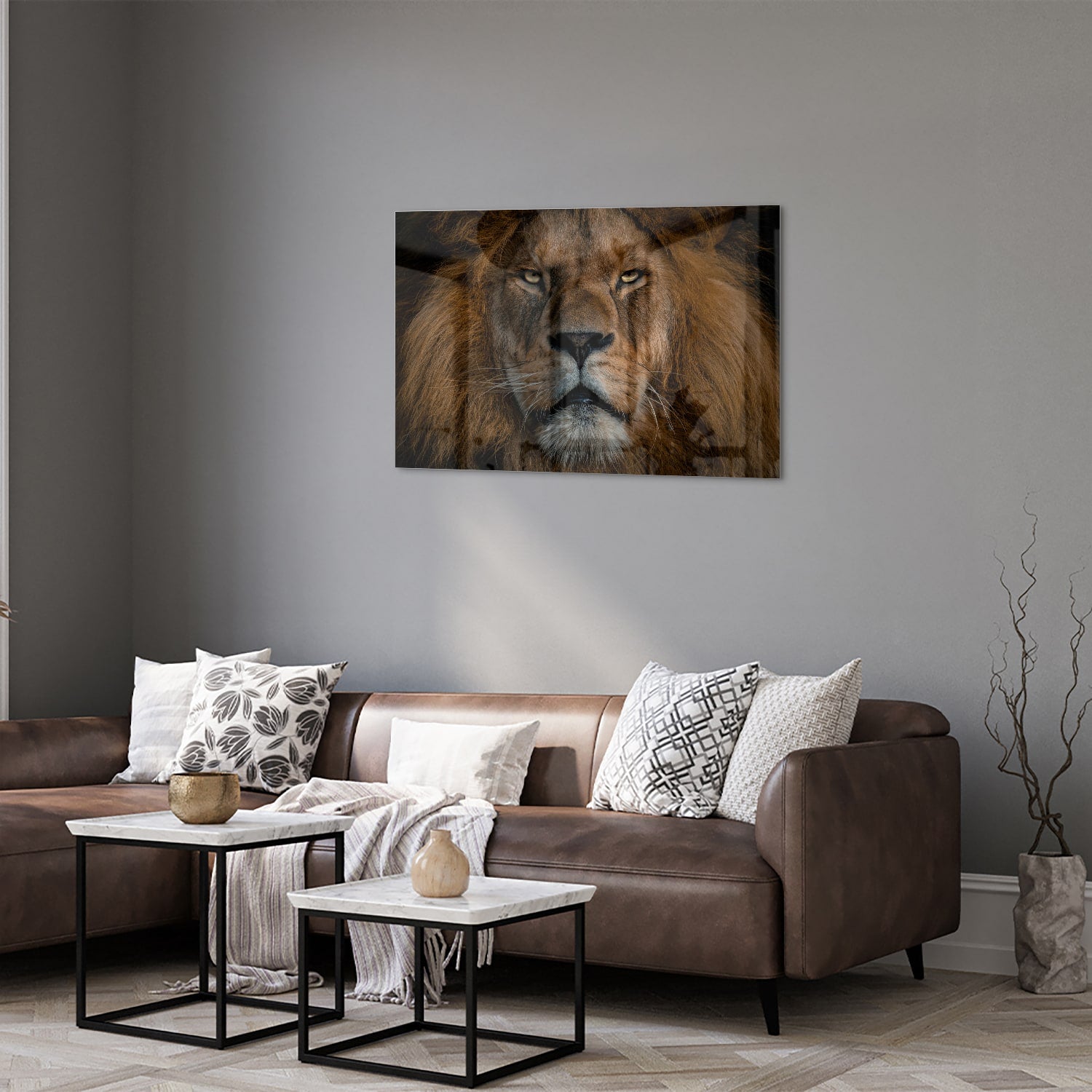 Glazen schilderij van een leeuw, een krachtige uitstraling voor de wand.