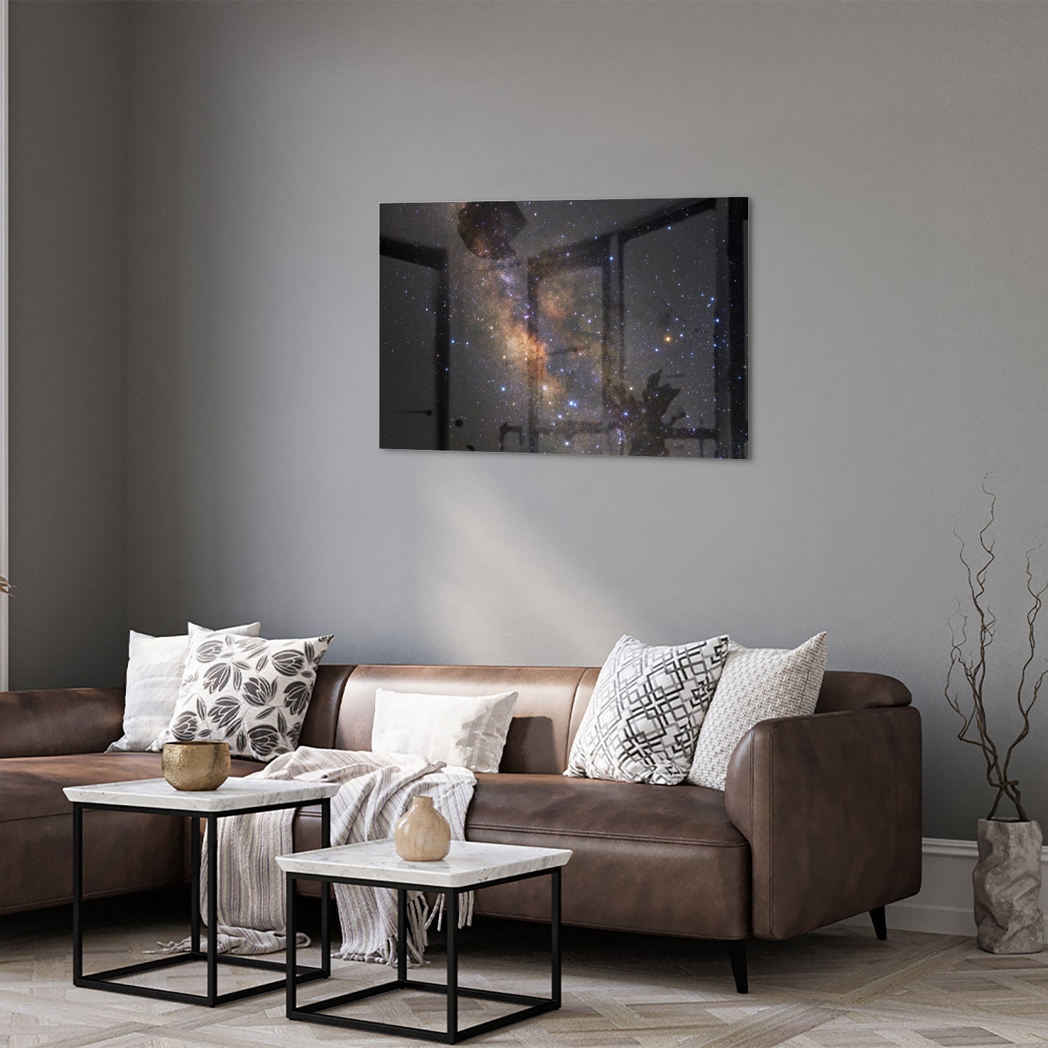 Glazen schilderij van het universum met sterren en nevels