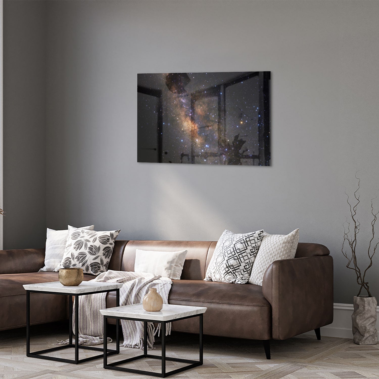 Glazen schilderij van het universum met sterren en nevels