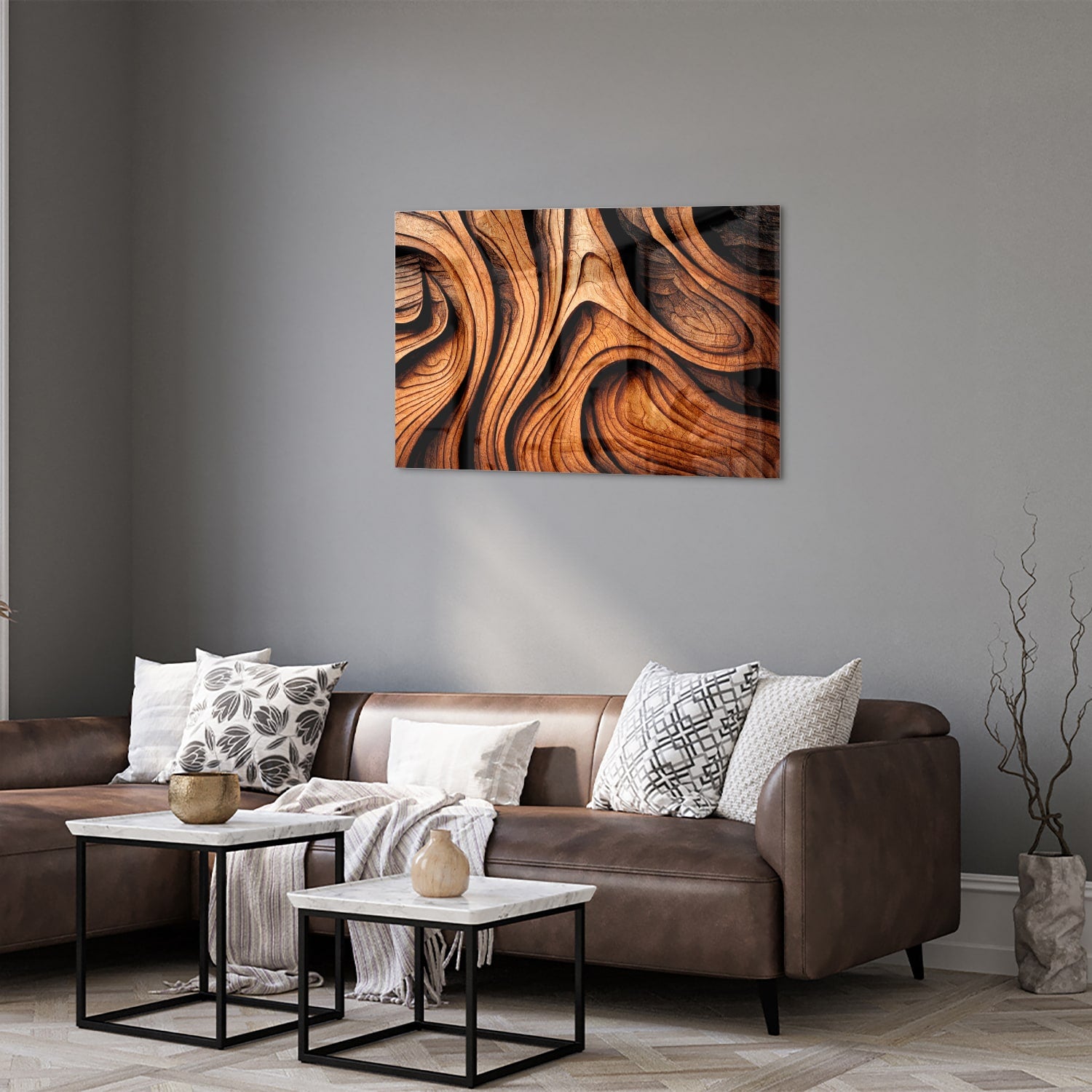 Glas schilderij met houtstrukturen in warme tinten, perfect voor wanddecoratie.