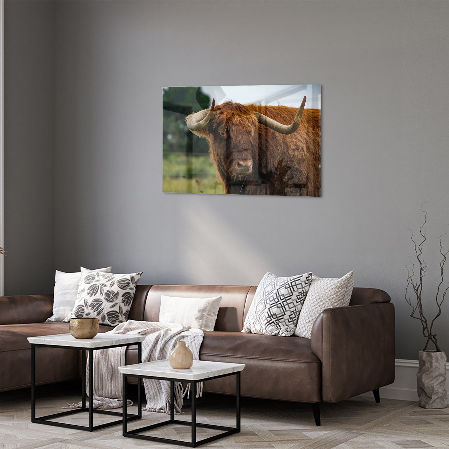 Glas schilderij van een Schotse Hooglander in een moderne woonkamer