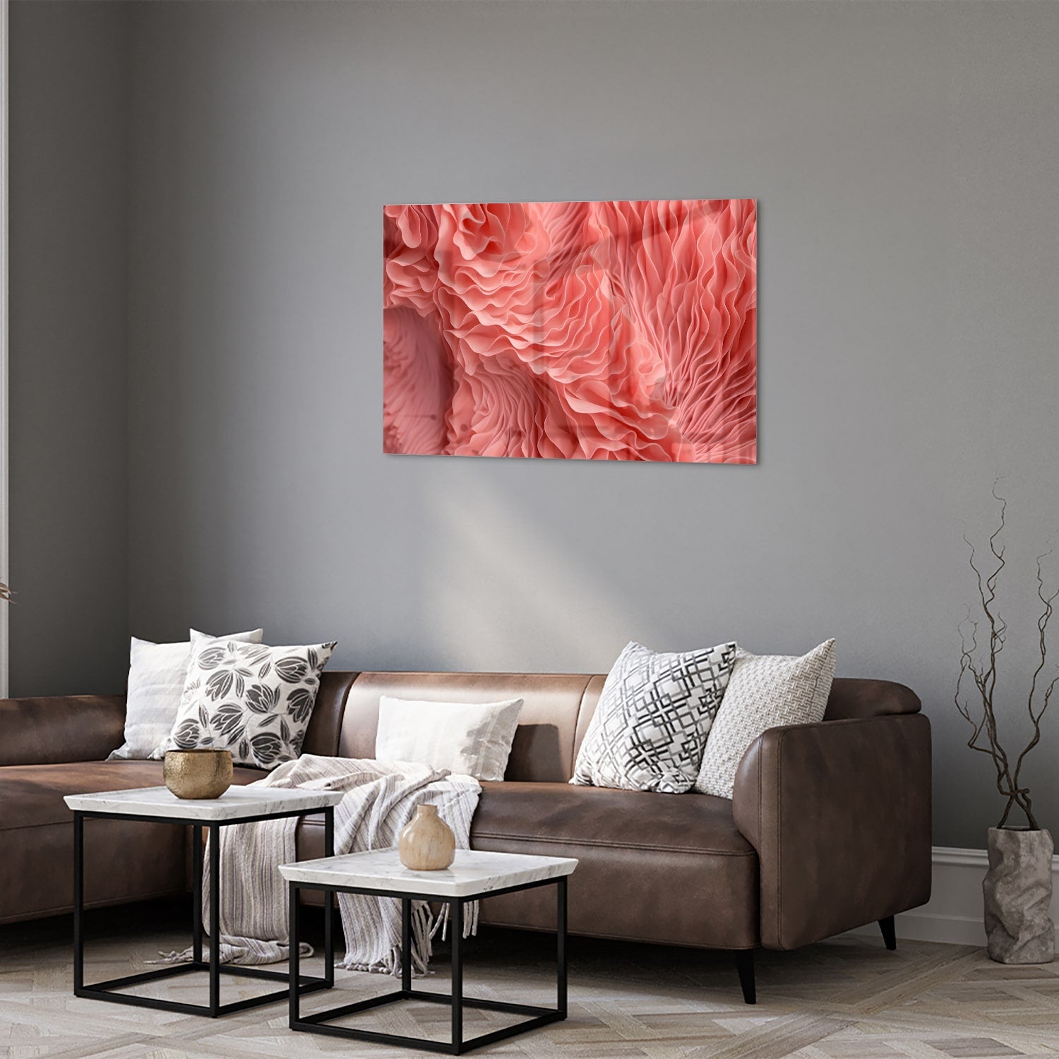 Abstract glazen schilderij in roze met golvende patronen, perfect voor wanddecoratie.