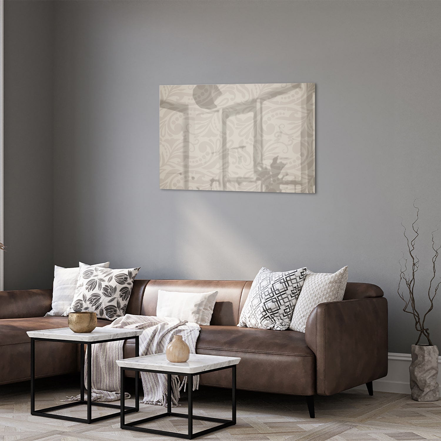 Elegante glazen schilderij met subtiel patroon aan de wand