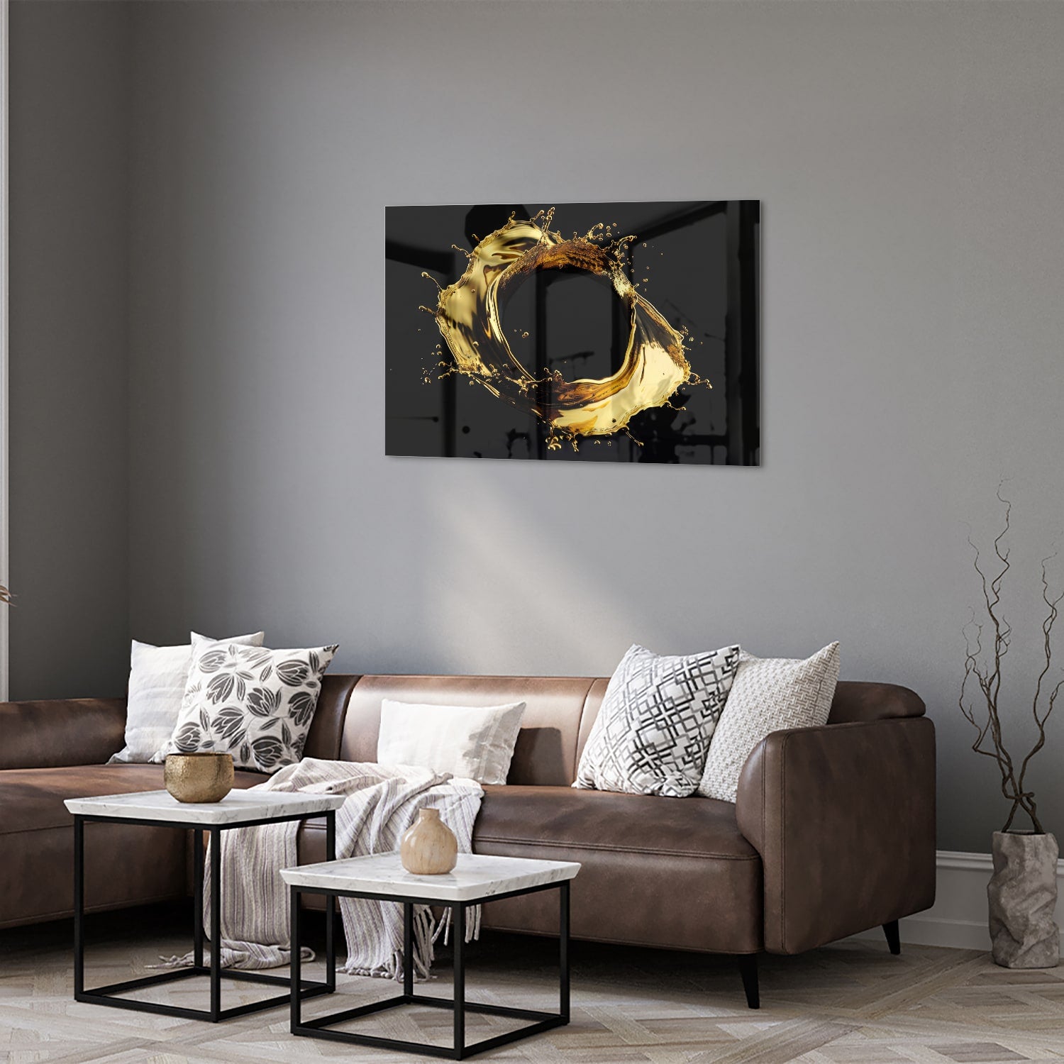 Luxe glazen schilderij met gouden spatten op zwarte achtergrond