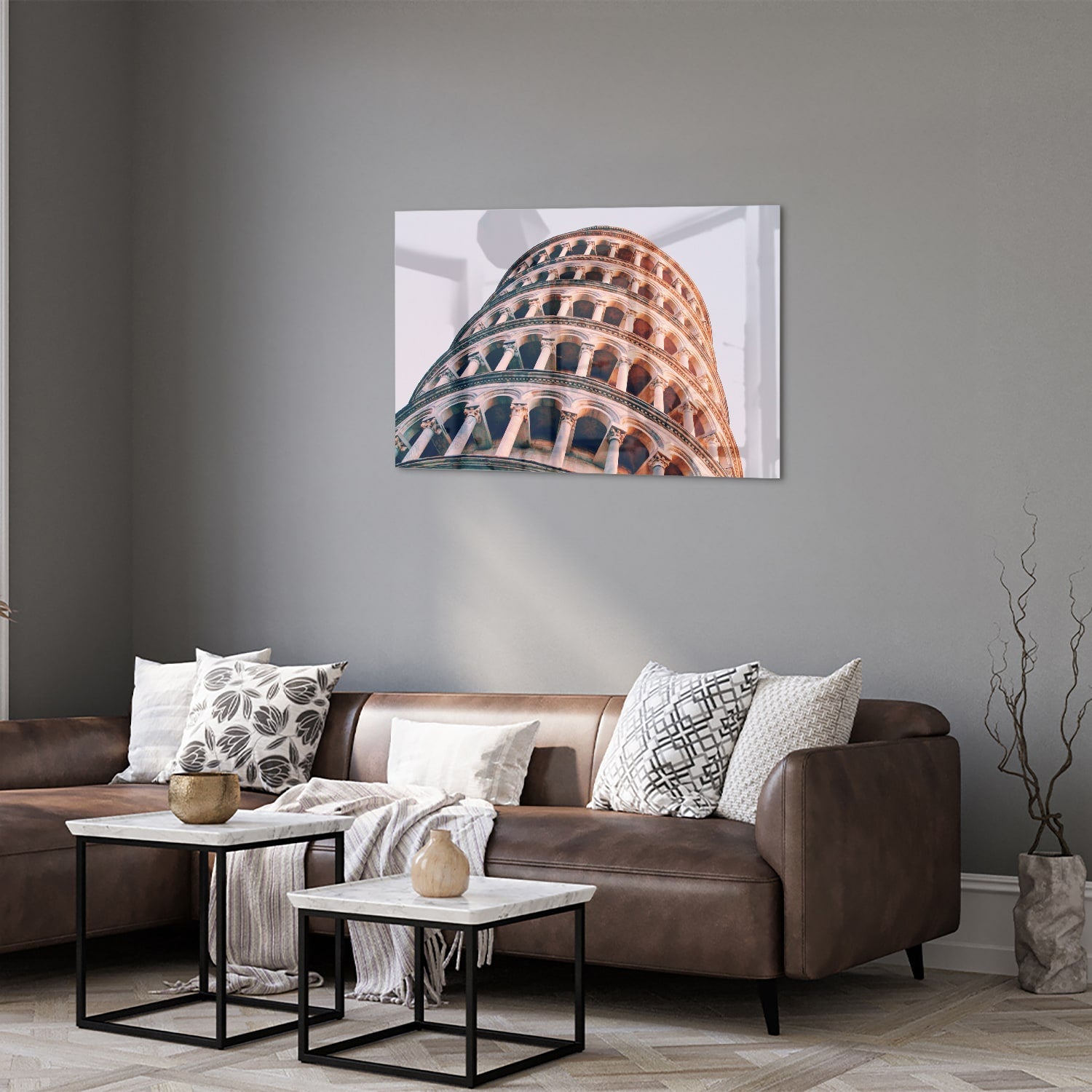 Glazen schilderij van de Scheve Toren van Pisa in warm tinten