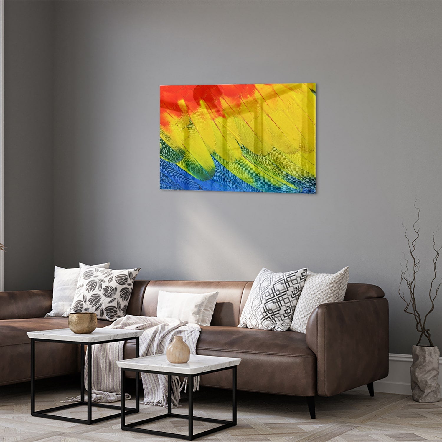 Abstract glazen schilderij met kleurrijke golven in rood, geel en blauw