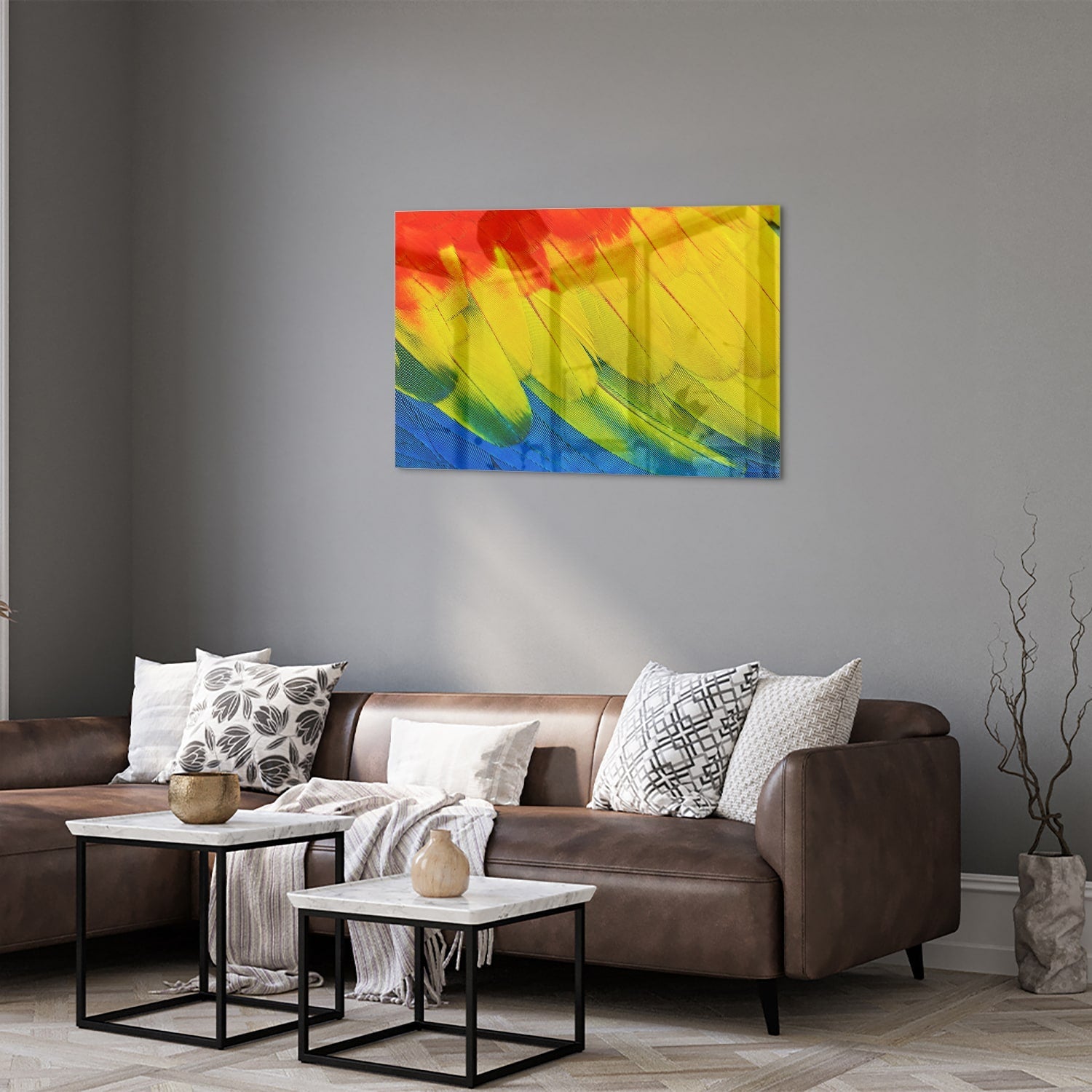 Abstract glazen schilderij met kleurrijke golven in rood, geel en blauw