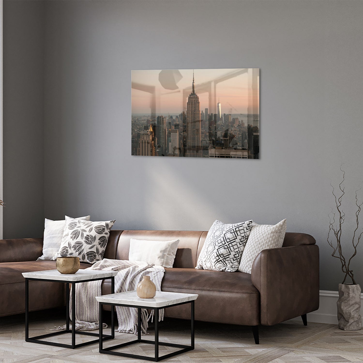 Glazen schilderij van de Empire State Building met een mooie zonsondergang
