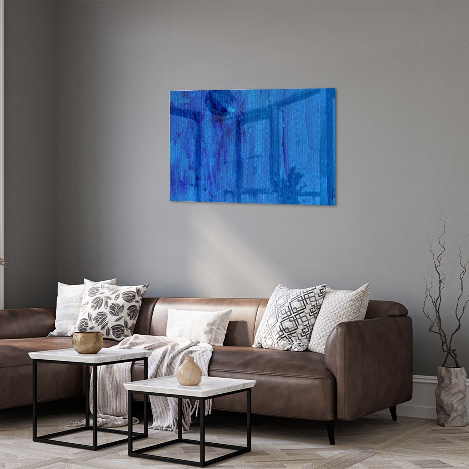 Abstract glazen schilderij in blauw, perfect voor moderne inrichting
