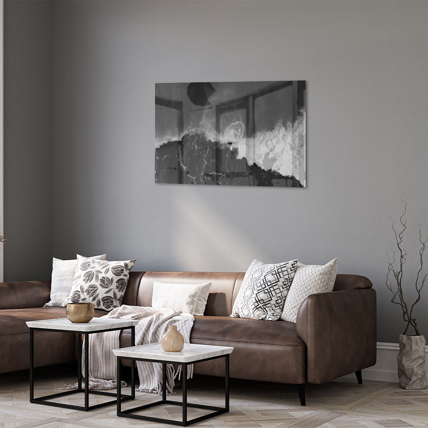 Abstract glazen schilderij in zwart-wit, perfect voor moderne interieurs.